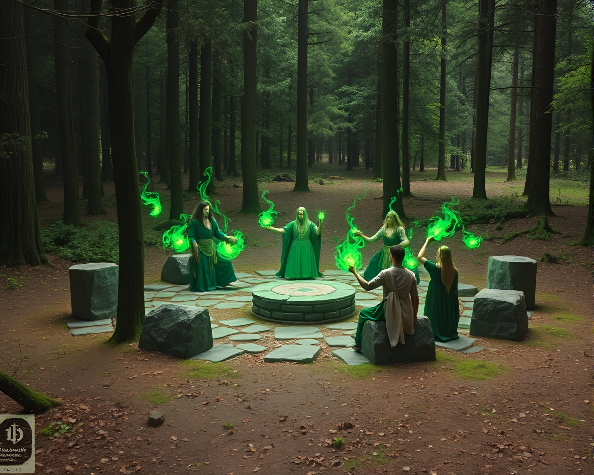 Druids casting innovative spells in ancient stone circle – free AI stock image