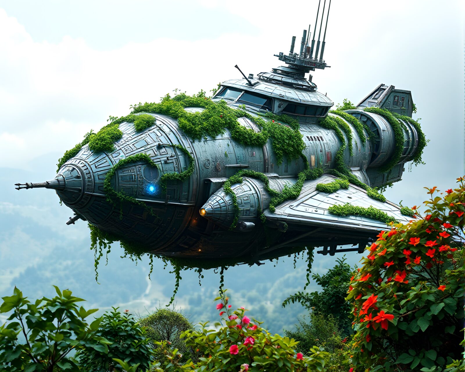 Intricate ivy patterns on futuristic spaceship with embossed metalwork