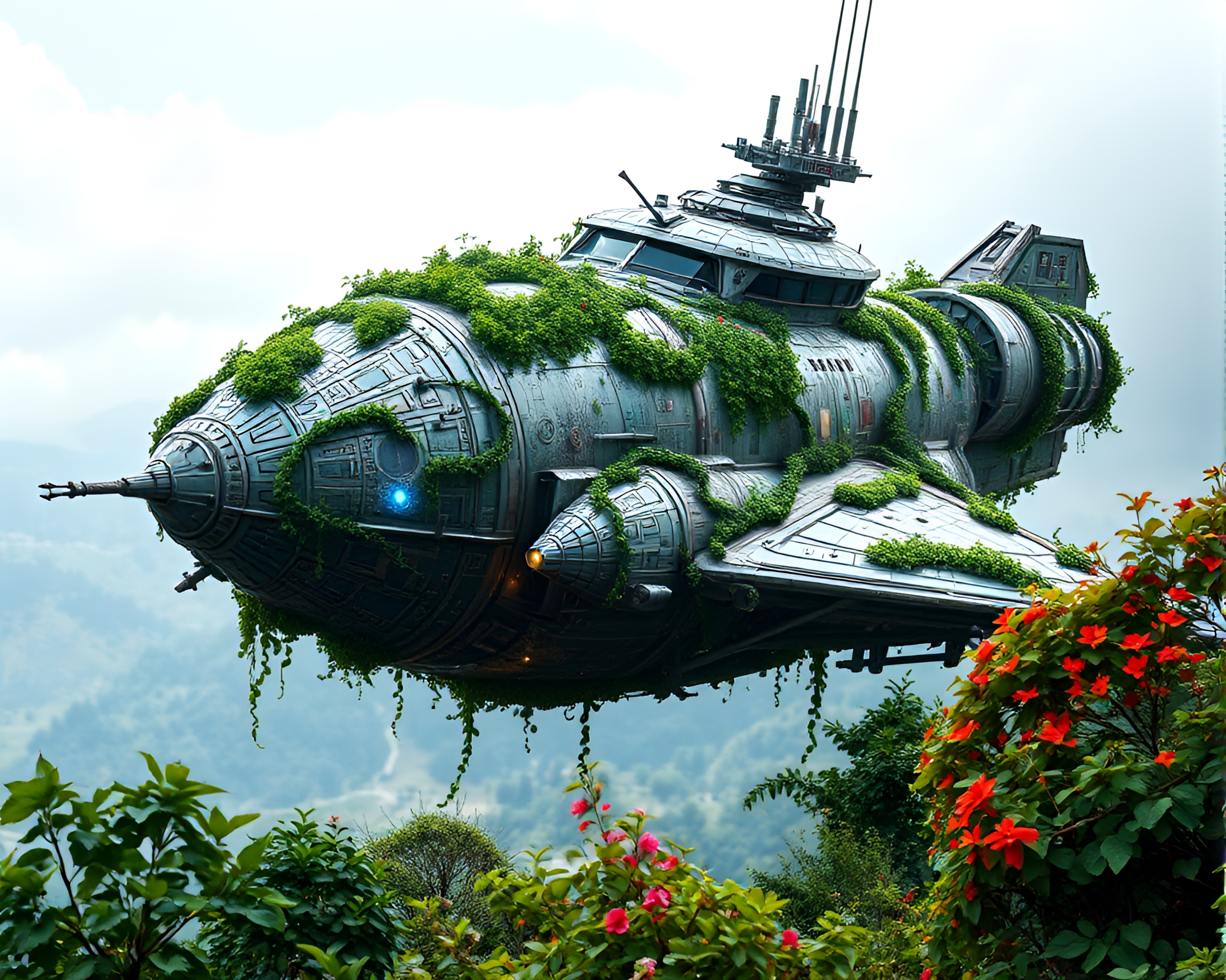 Elegant Ivy-Covered Spaceship with Galactic Metalwork Design – free AI stock image
