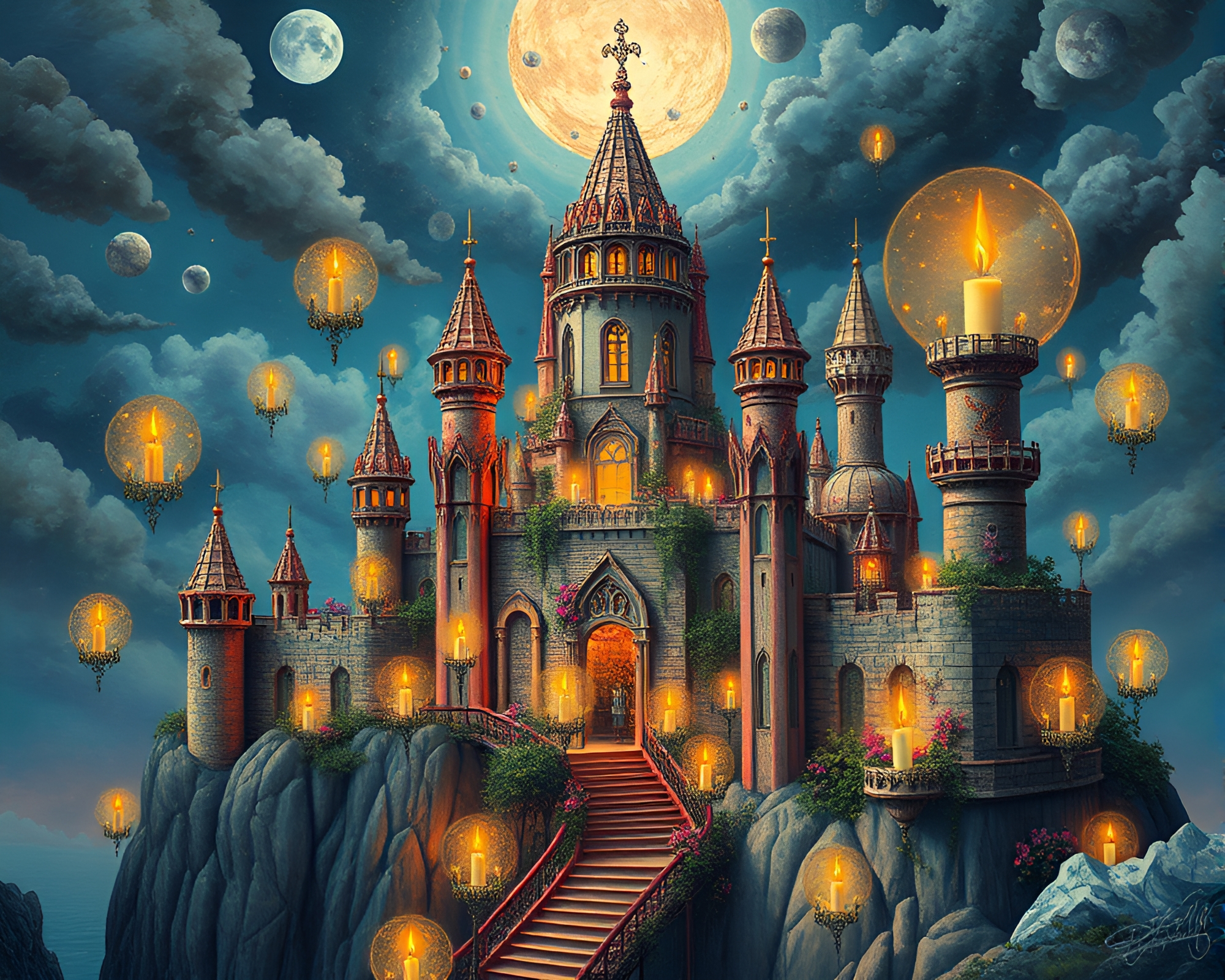 Surreal Citadel of Floating Candles in Vibrant Hues – free AI stock image