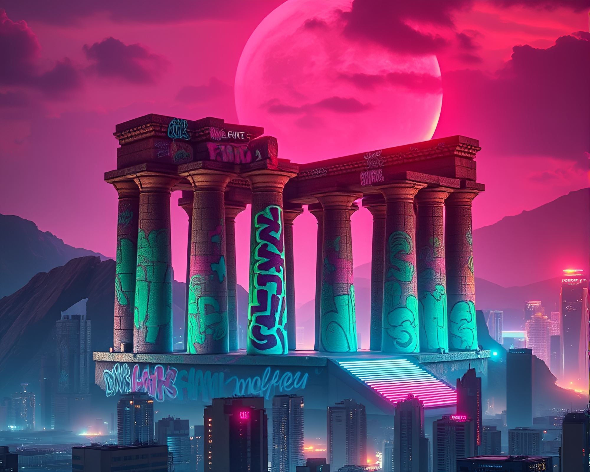 Neon-Graffiti Ancient Ruins Merge with Futuristic Cityscape – free AI stock image