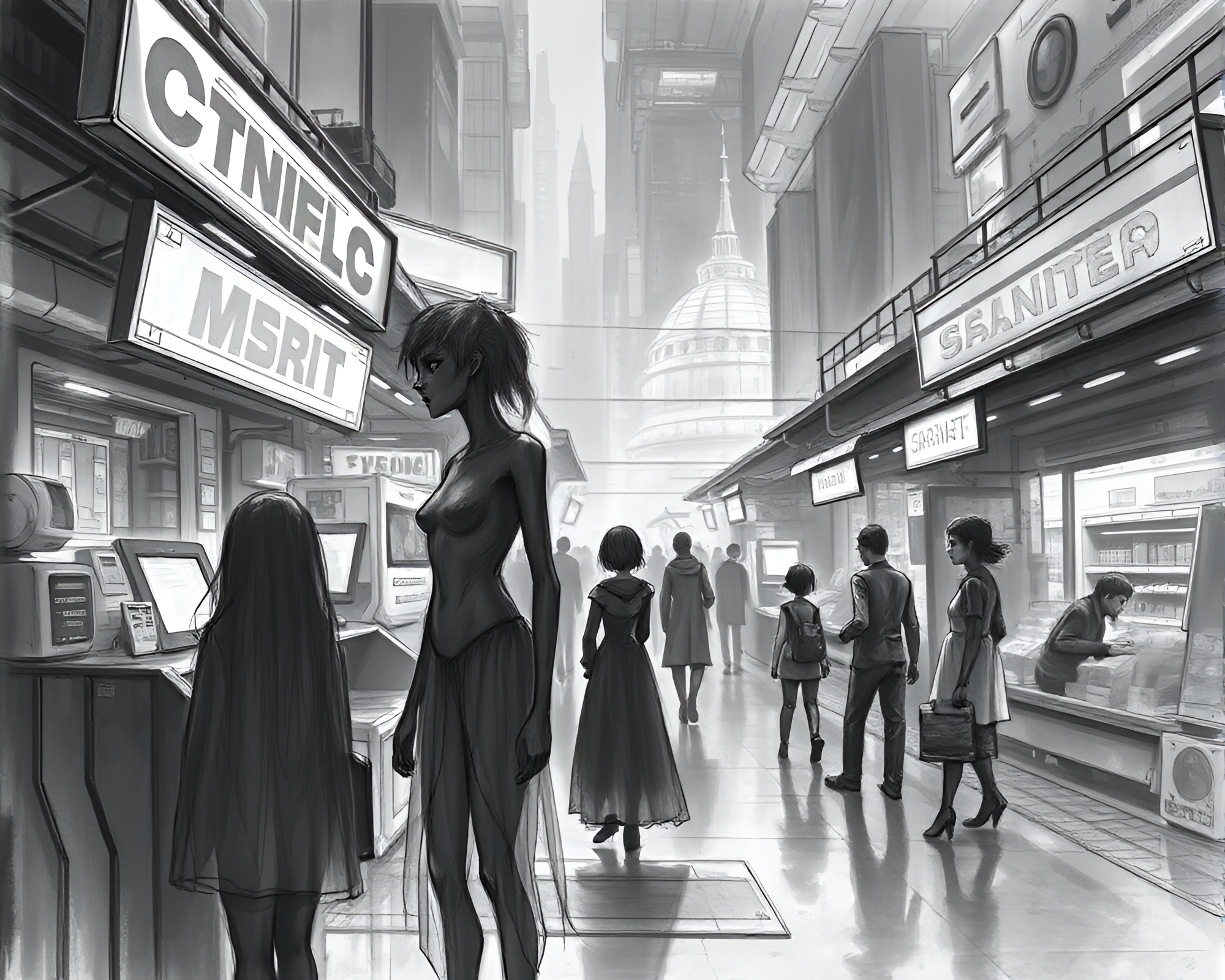 Ethereal Beings in Android Market Charcoal Sketch – free AI stock image