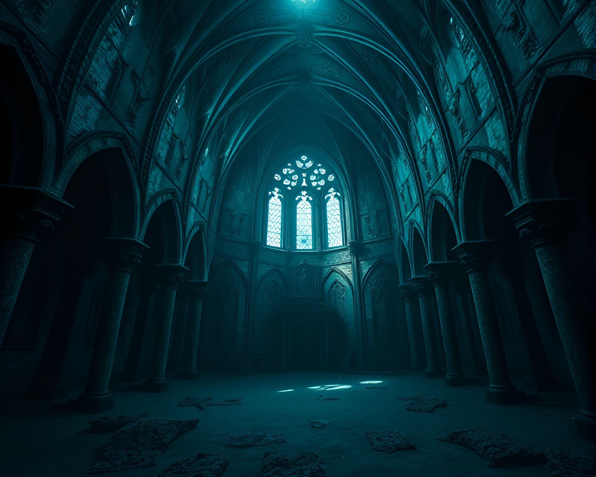 Eerie Underwater Cathedral with Haunting Embroidery Patterns – free AI stock image