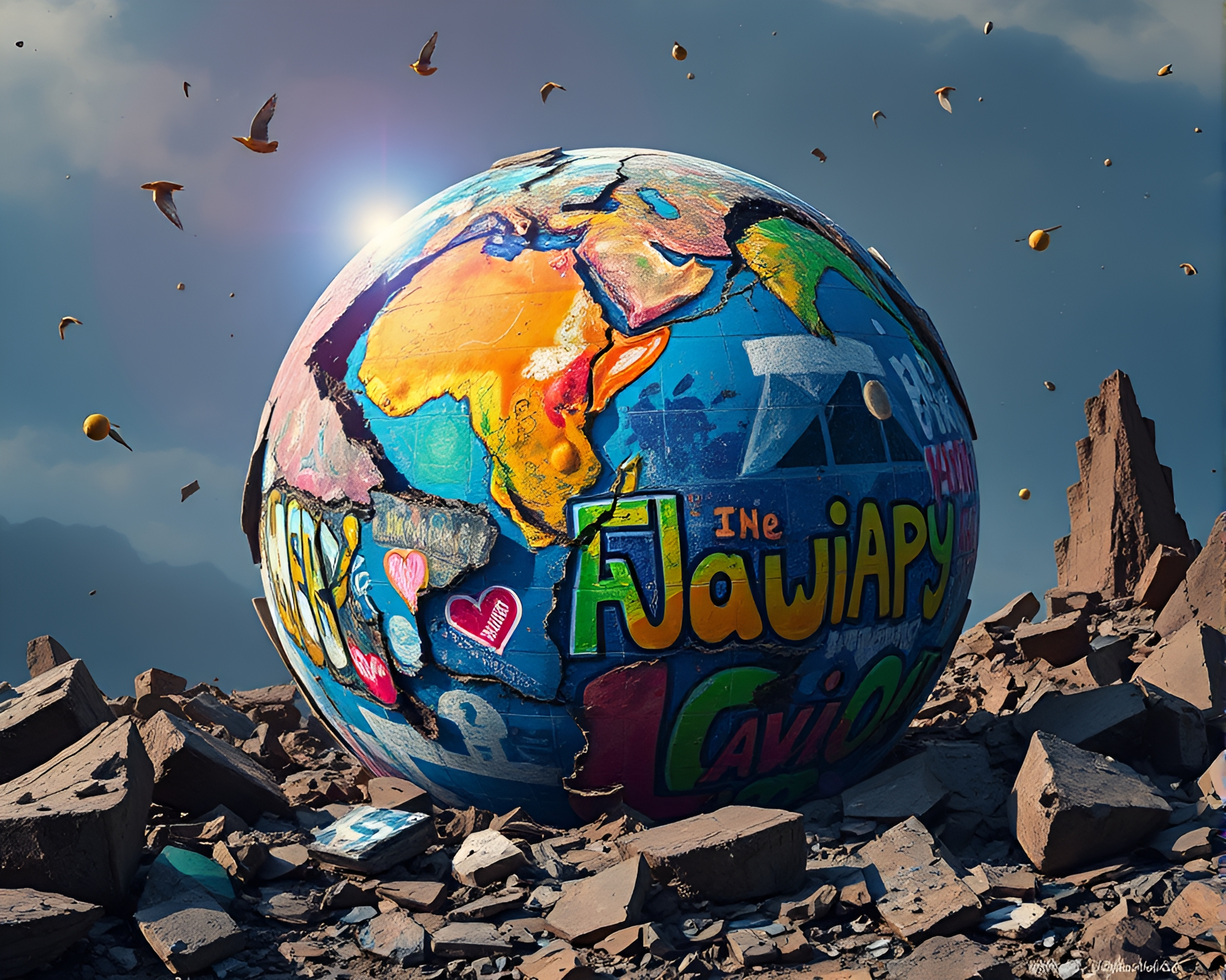 Colorful Creative Murals on Shattered Planet Surface – free AI stock image