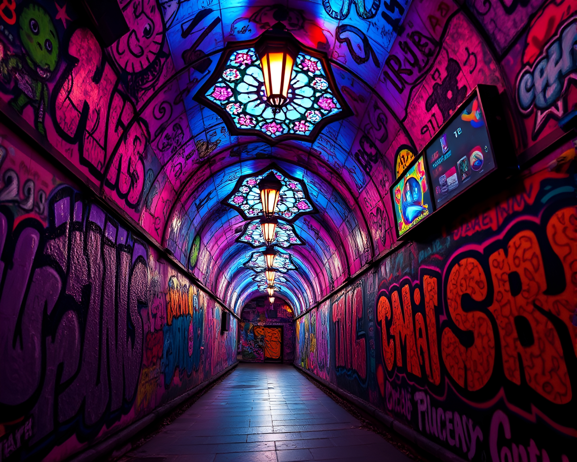 Glowing Neon Graffiti Tunnel with Stained Glass Art – free AI stock image