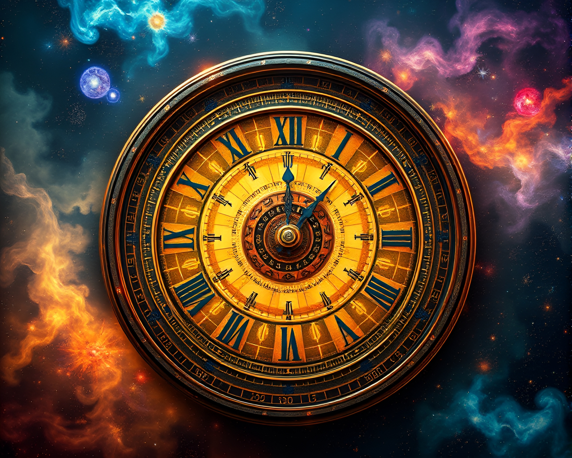 Intricate Cosmic Clock Face with Charged Symbols – free AI stock image