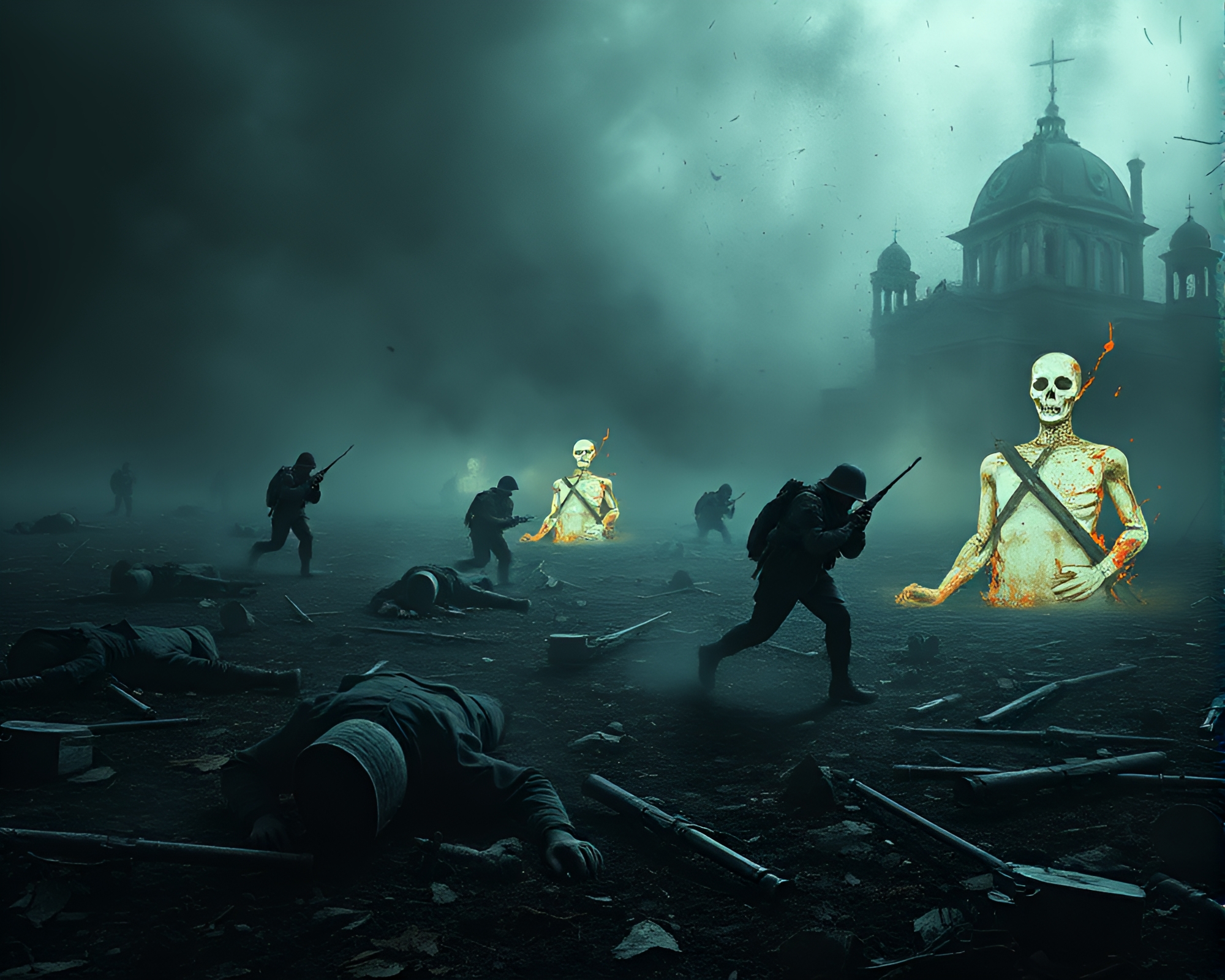 Spectral Battlefield Collage of Fallen Soldiers and Weapons – free AI stock image