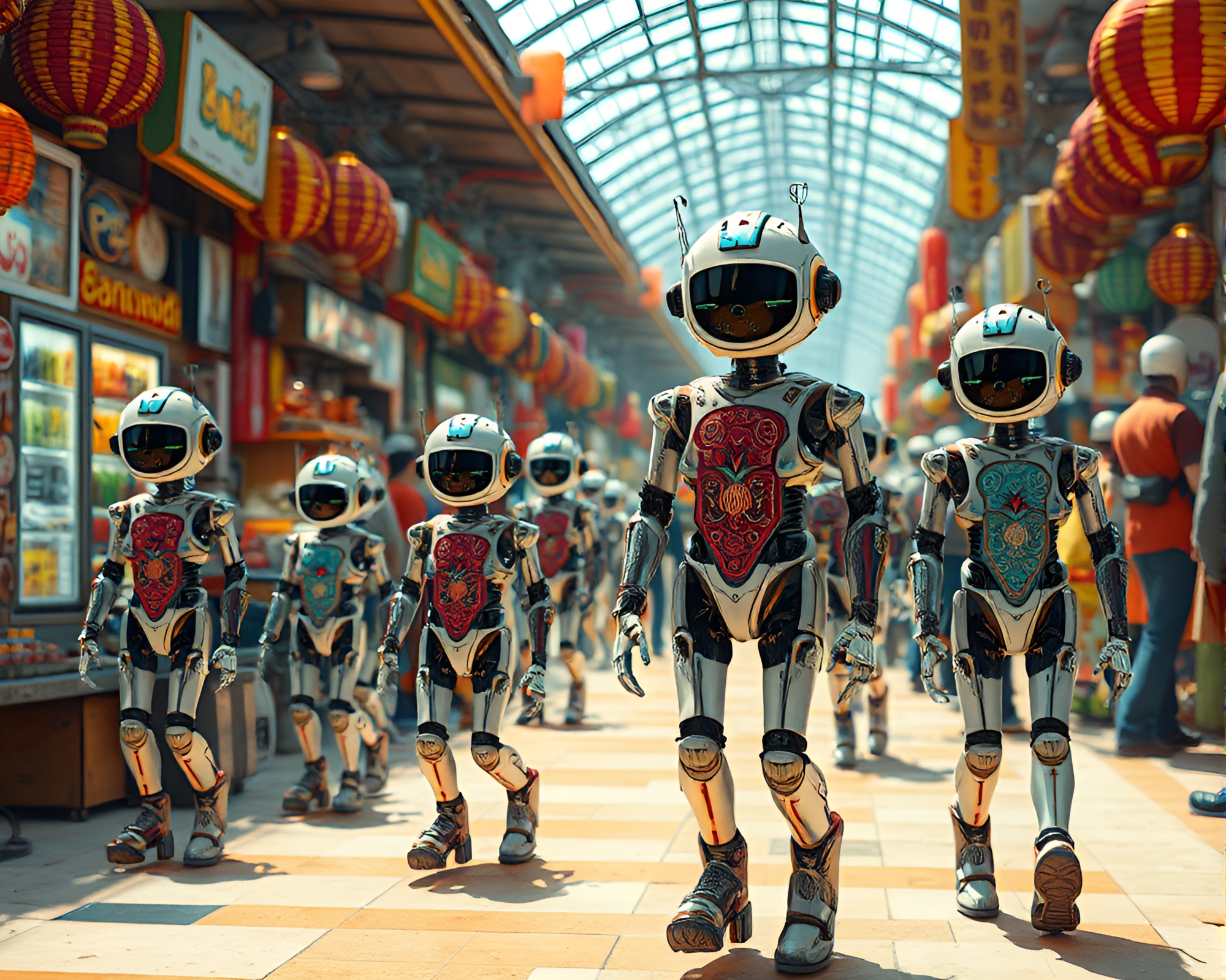 Futuristic Android Marketplace with Kinetic Embroidery Patterns – free AI stock image