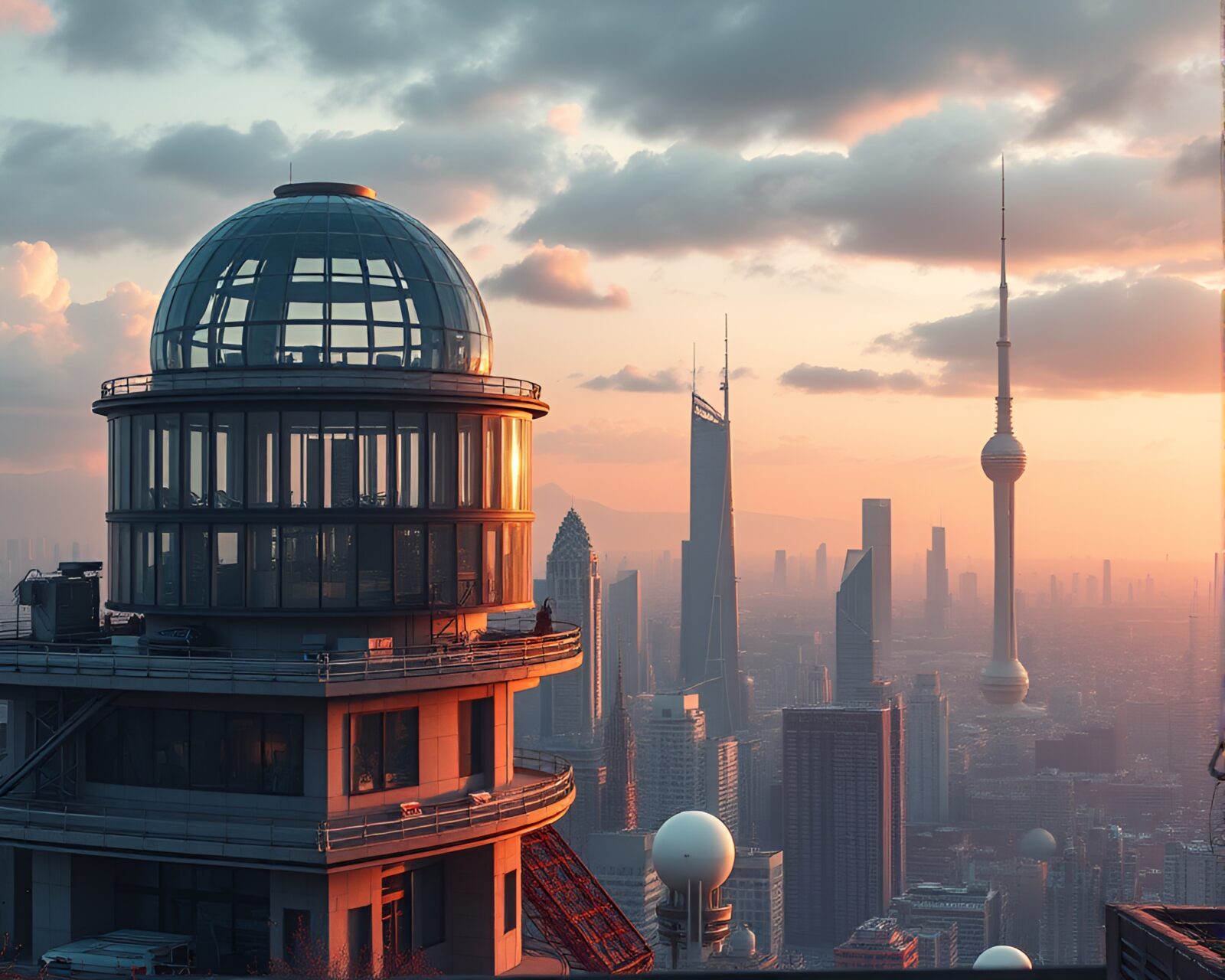 Glass observatory and modern art installations in futuristic city