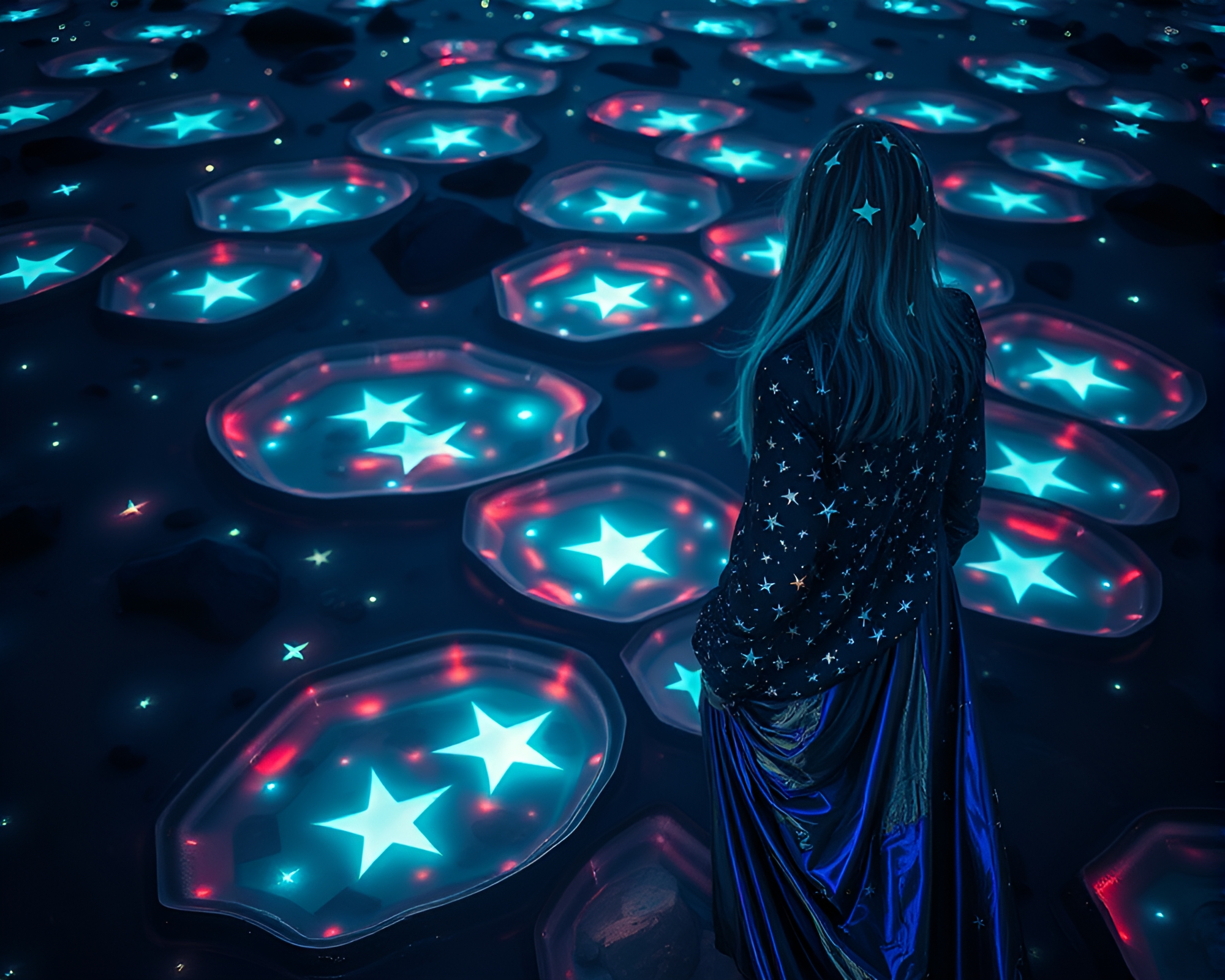 Glowing Bioluminescent Tide Pools with Cosmic Fashion Accents – free AI stock image