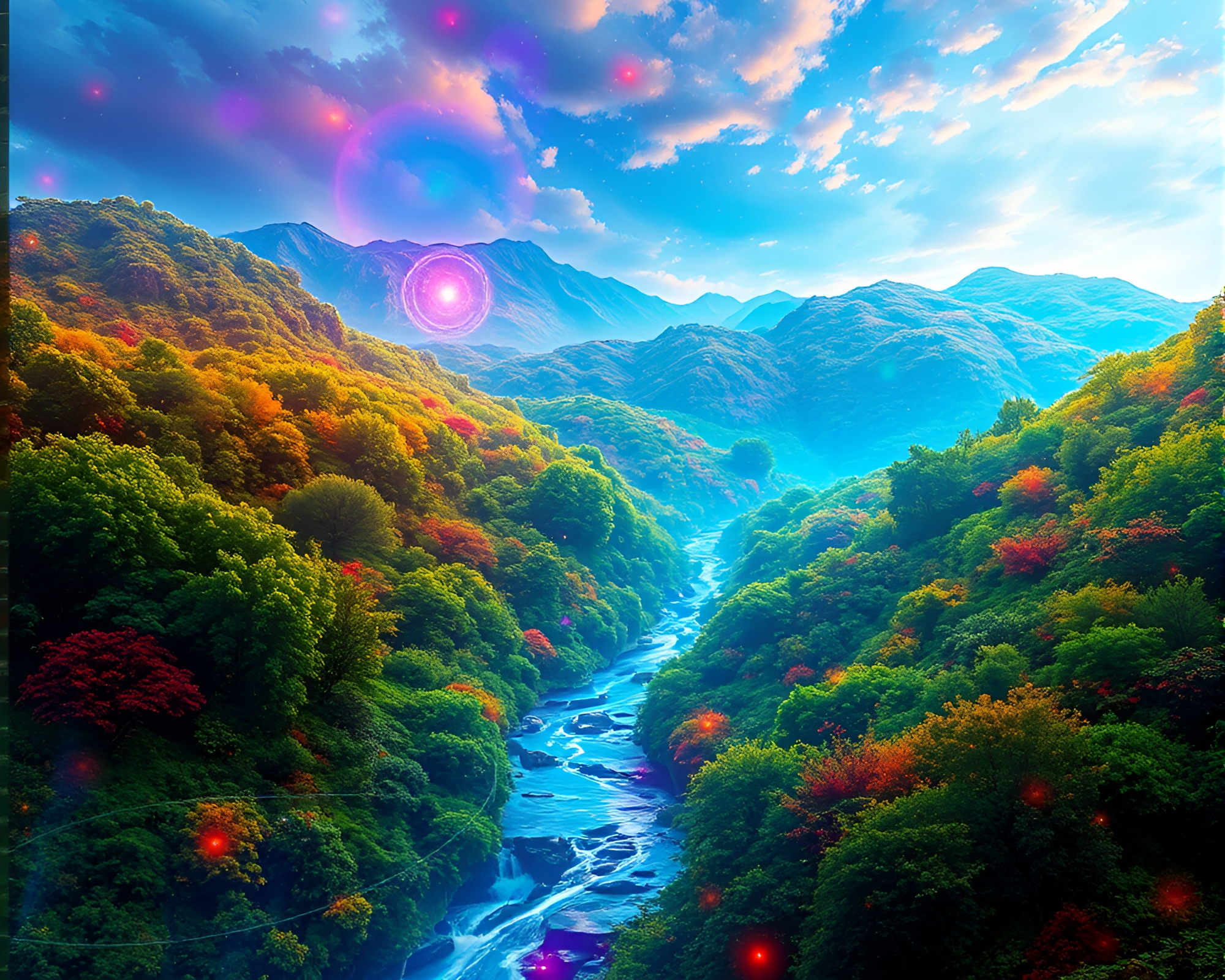 Vibrant landscape intertwined with glowing data streams – free AI stock image