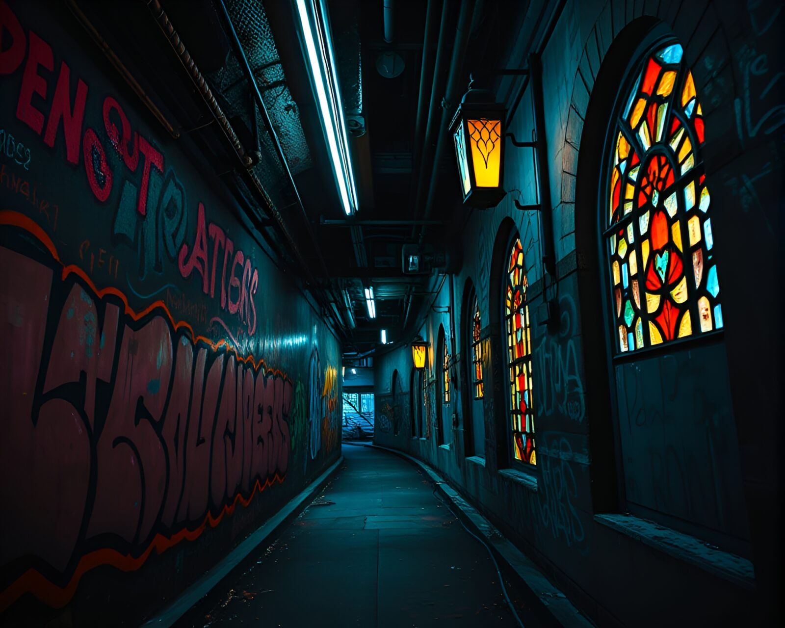 Dark urban tunnel glowing with neon lights and colorful graffiti.