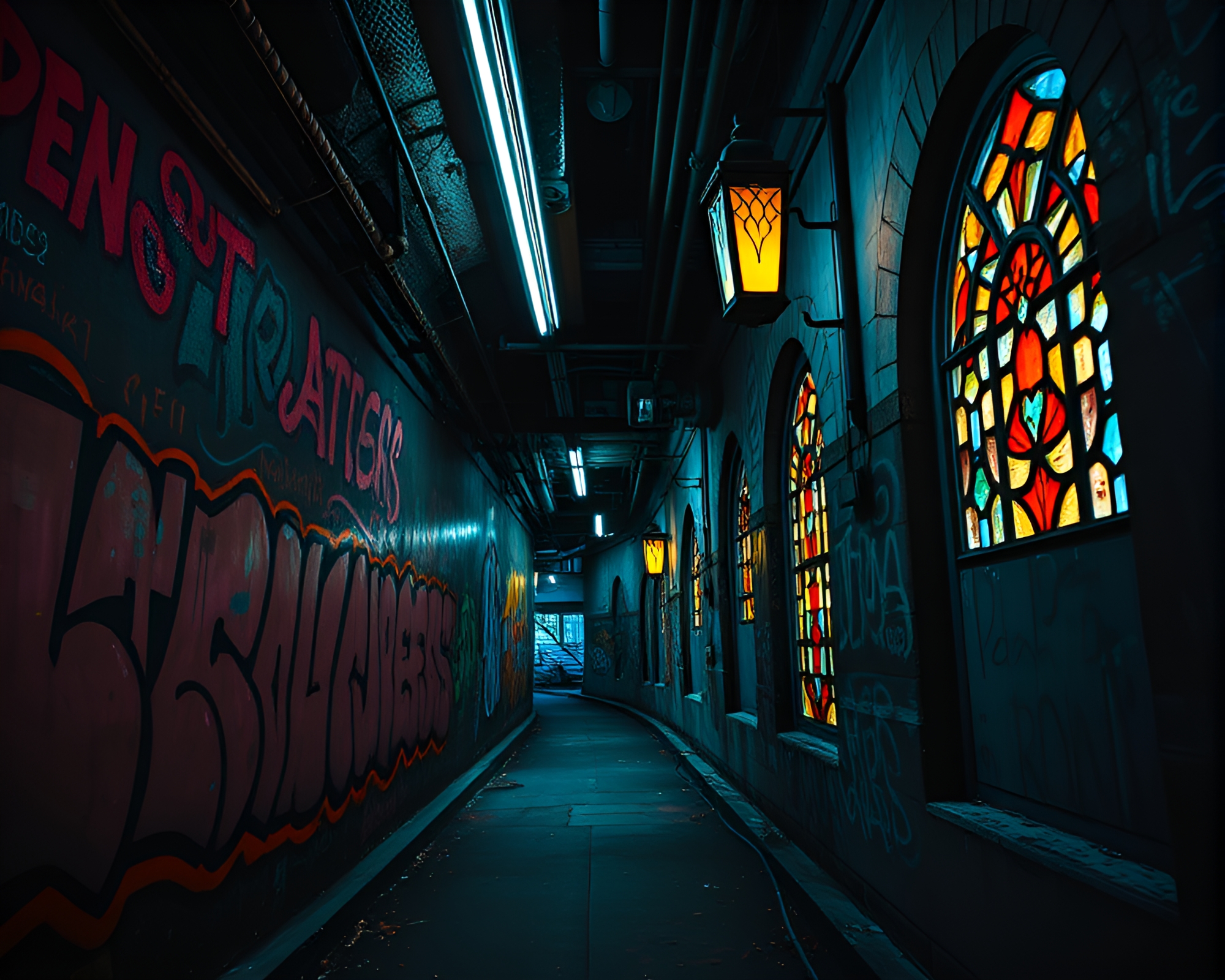 Graffiti-Filled Neon Tunnel with Elegant Stained Glass Windows – free AI stock image