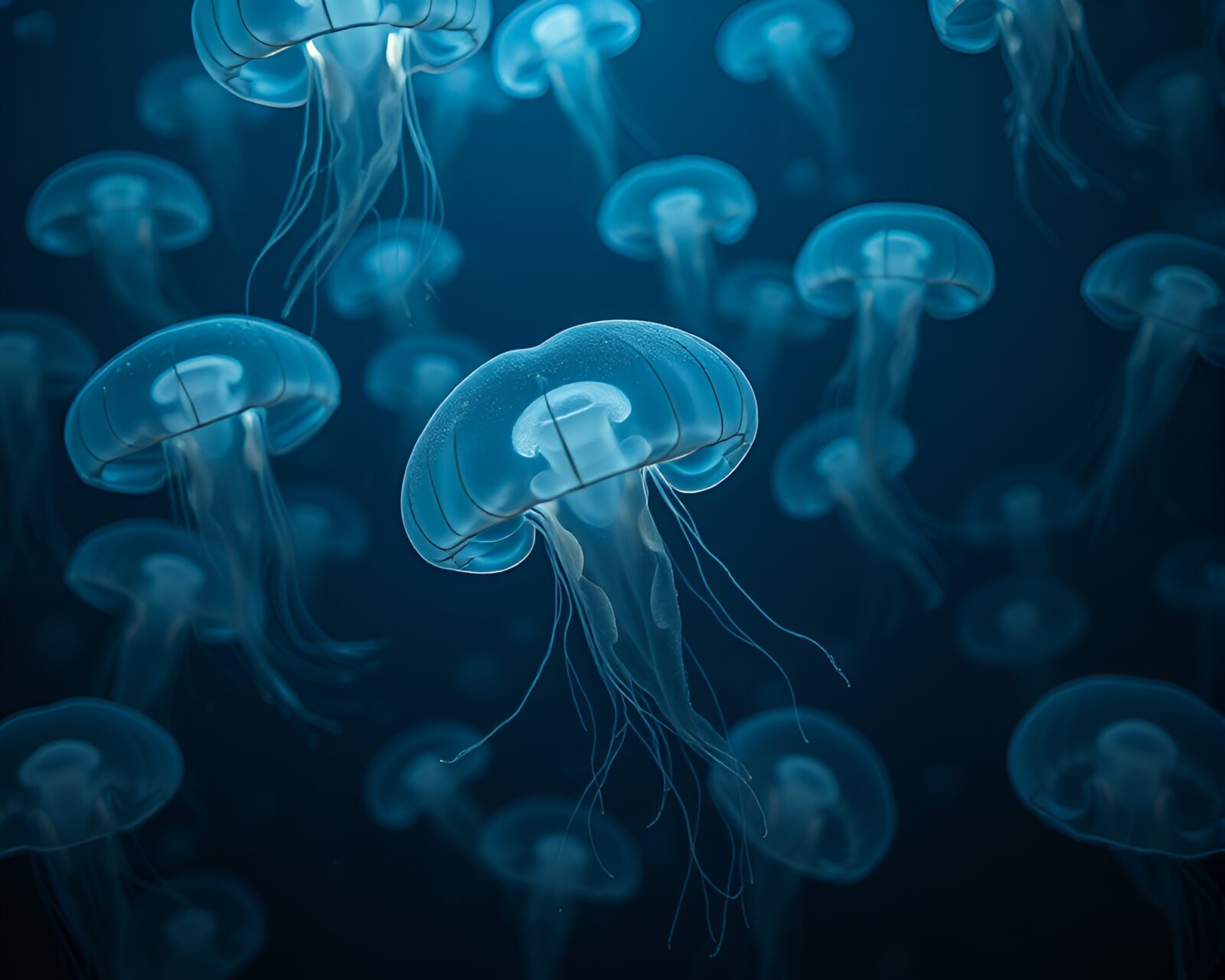 Glowing jellyfish floating gracefully in a mesmerizing underwater scene