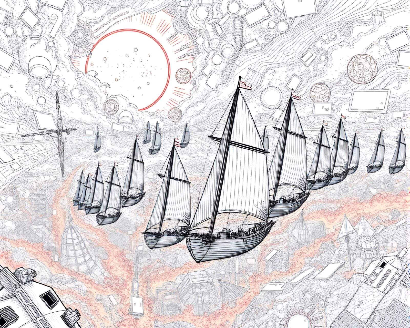 Intricate line drawing of solar sail ships in fiery sky