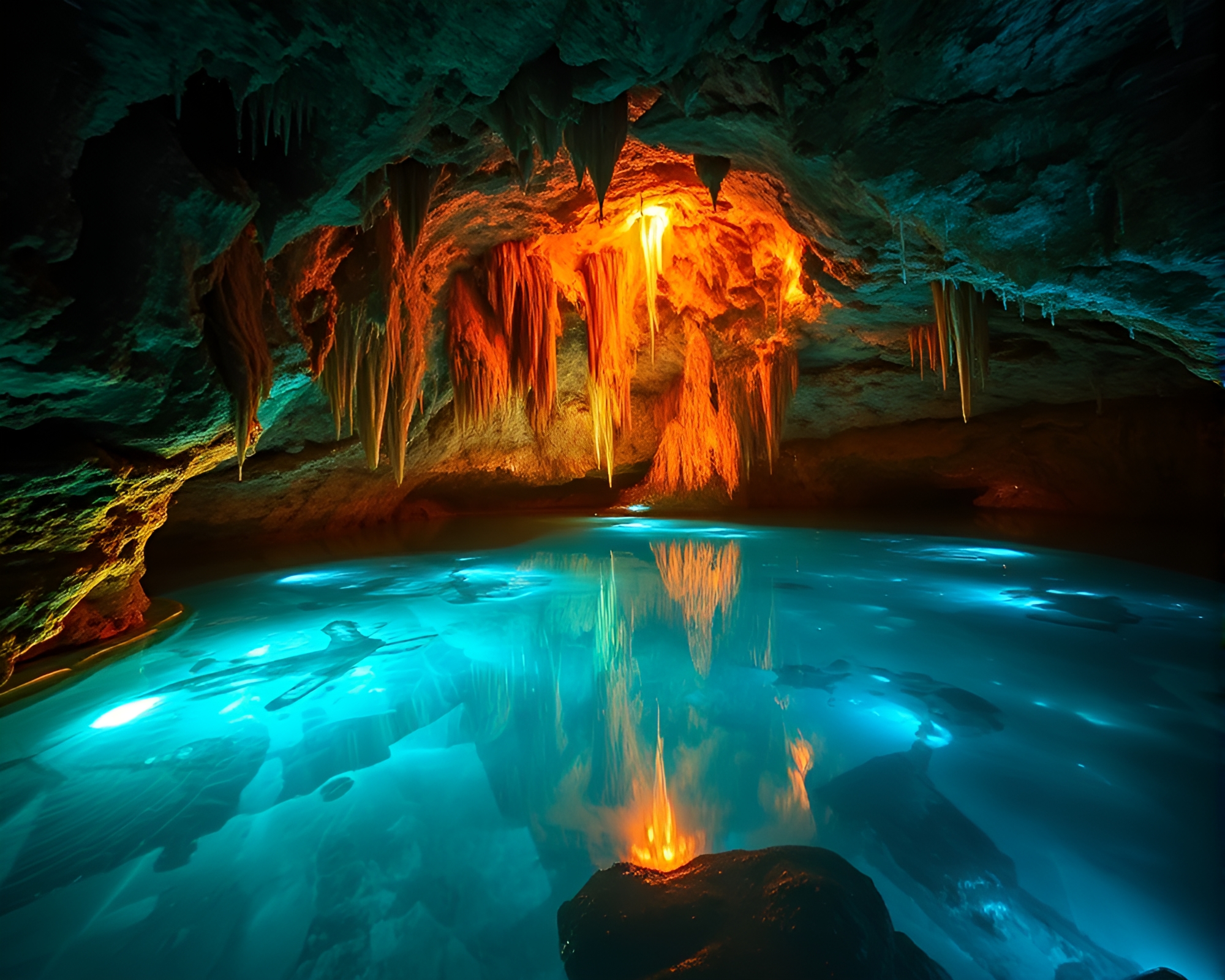 Ethereal CGI Rendering of Glowing Subterranean Crystal Lake – free AI stock image