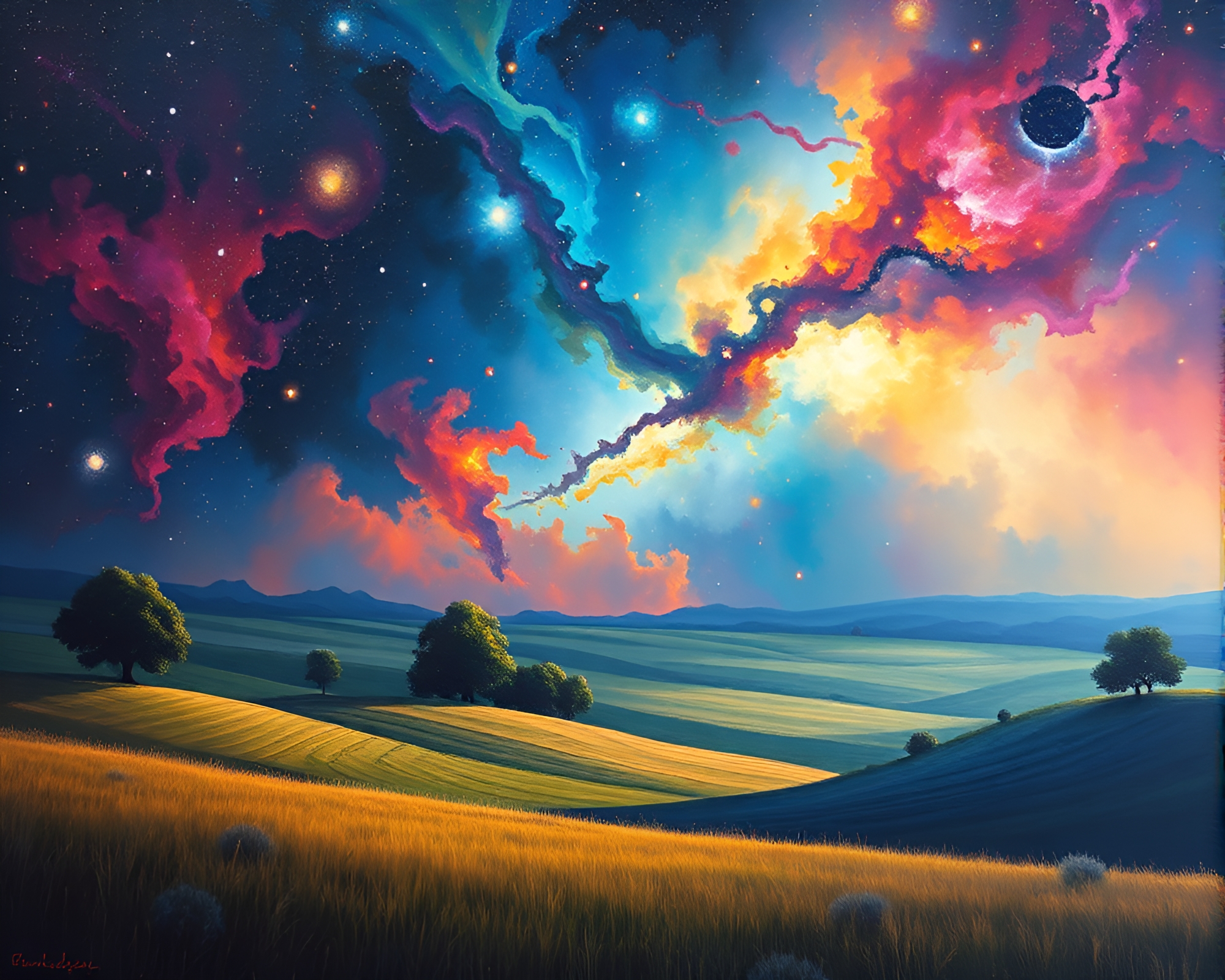 Vibrant Impressionistic Cosmic Nebula Over Pastoral Landscape – free AI stock image
