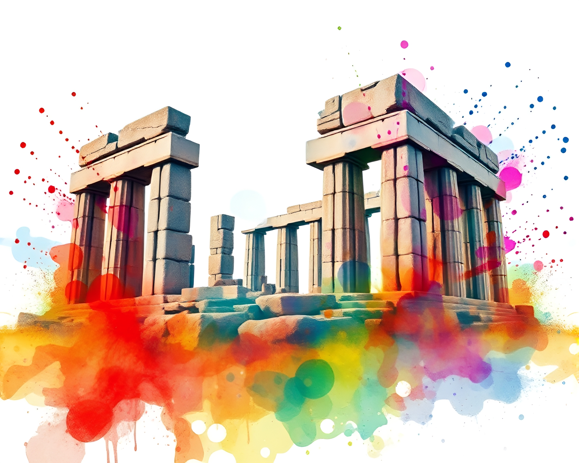 Mesmerizing Monolithic Ruins Blend with Vivid Watercolor Splash – free AI stock image