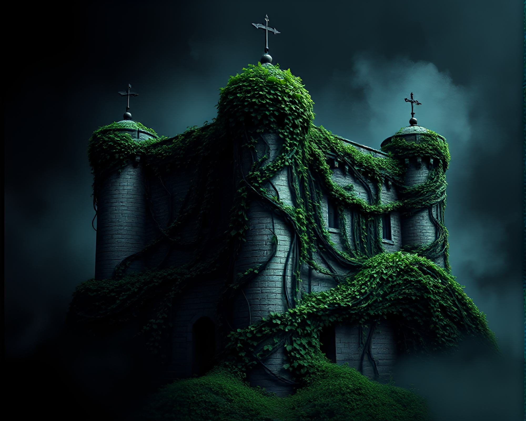 Enchanting Ivy-Covered Fortress in Abstract Noir Setting – free AI stock image