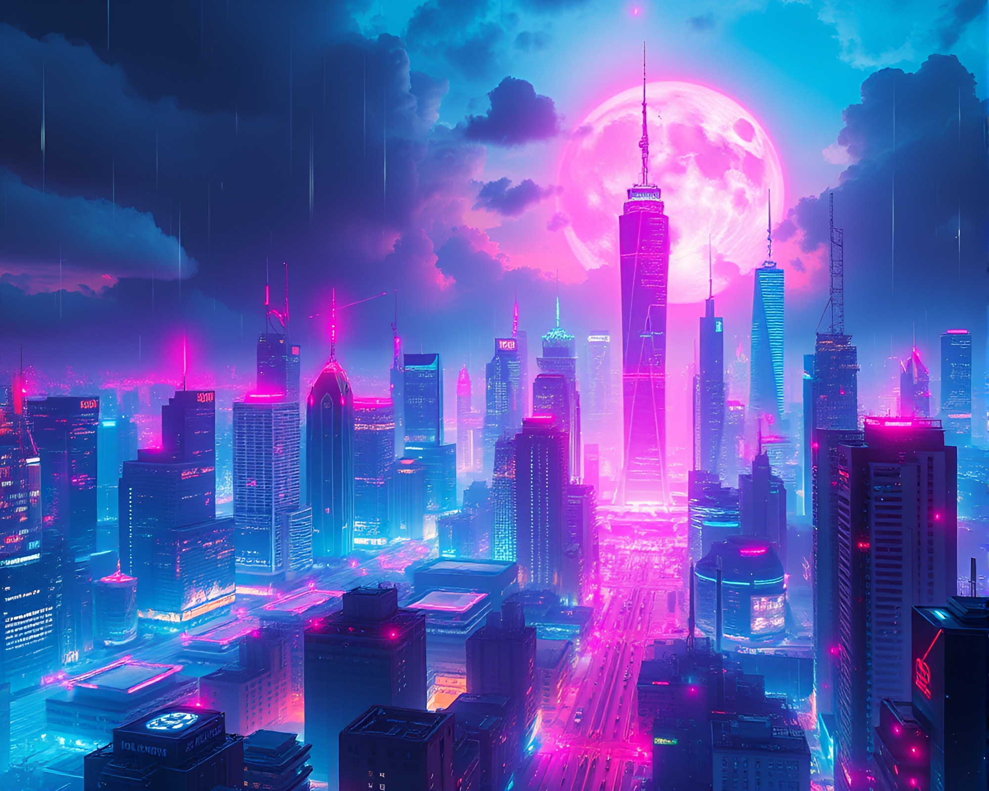 Vibrant Cyberpunk Cityscape Glowing with Neon Lights – free AI stock image