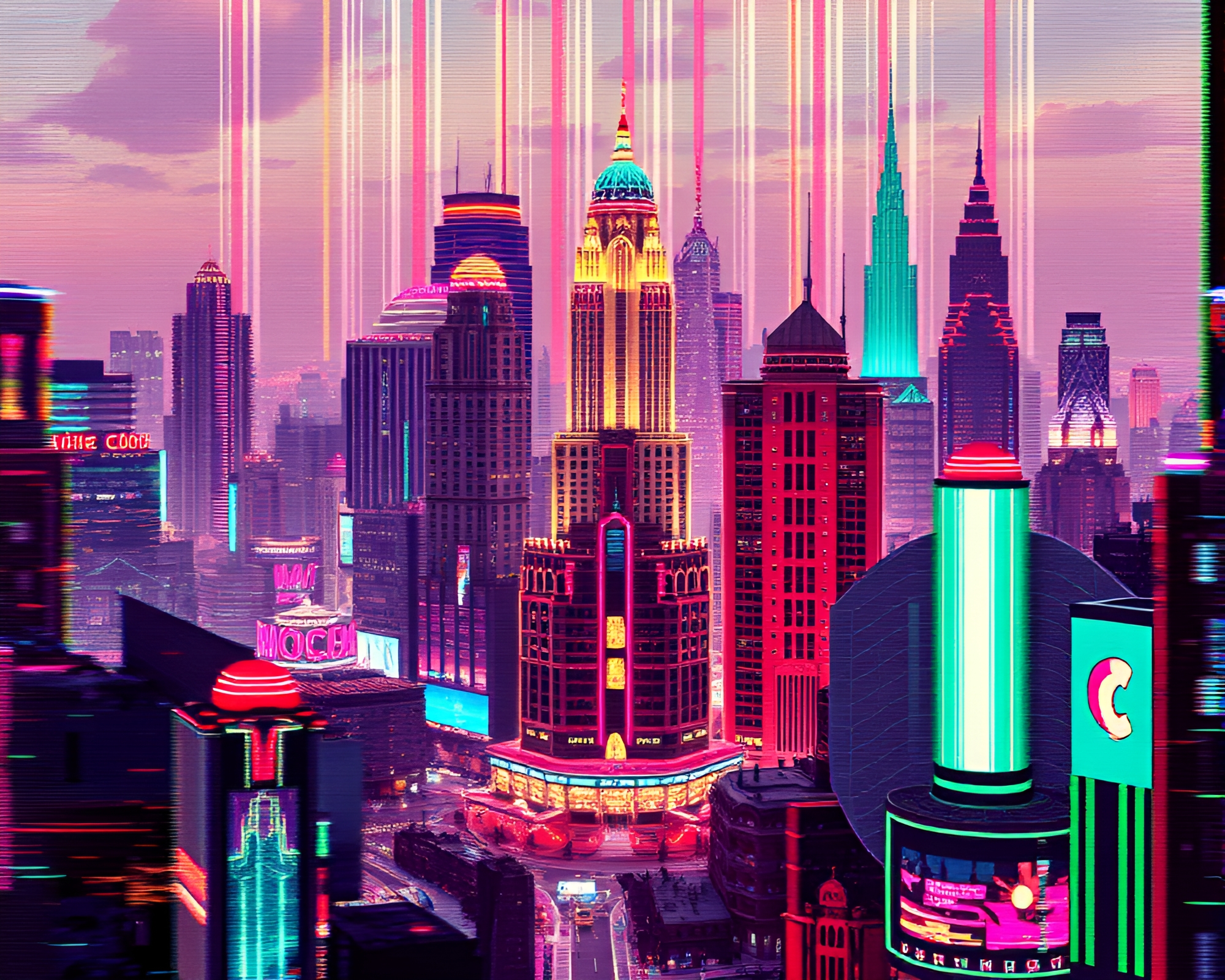 Futuristic Art Deco Cityscape in Glitch Realm – free AI stock image