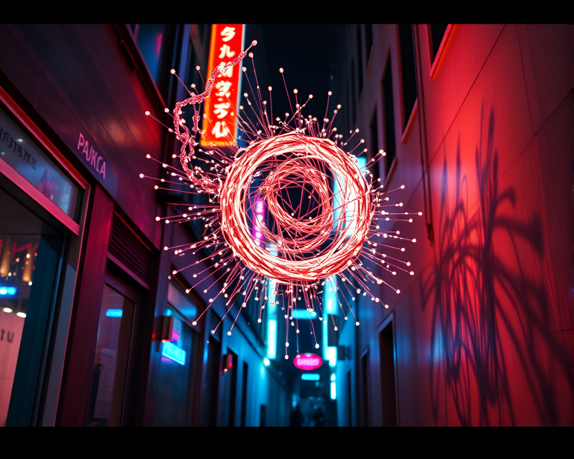 Dynamic Kinetic Sculpture Illuminates Neon Alleyway Night – free AI stock image
