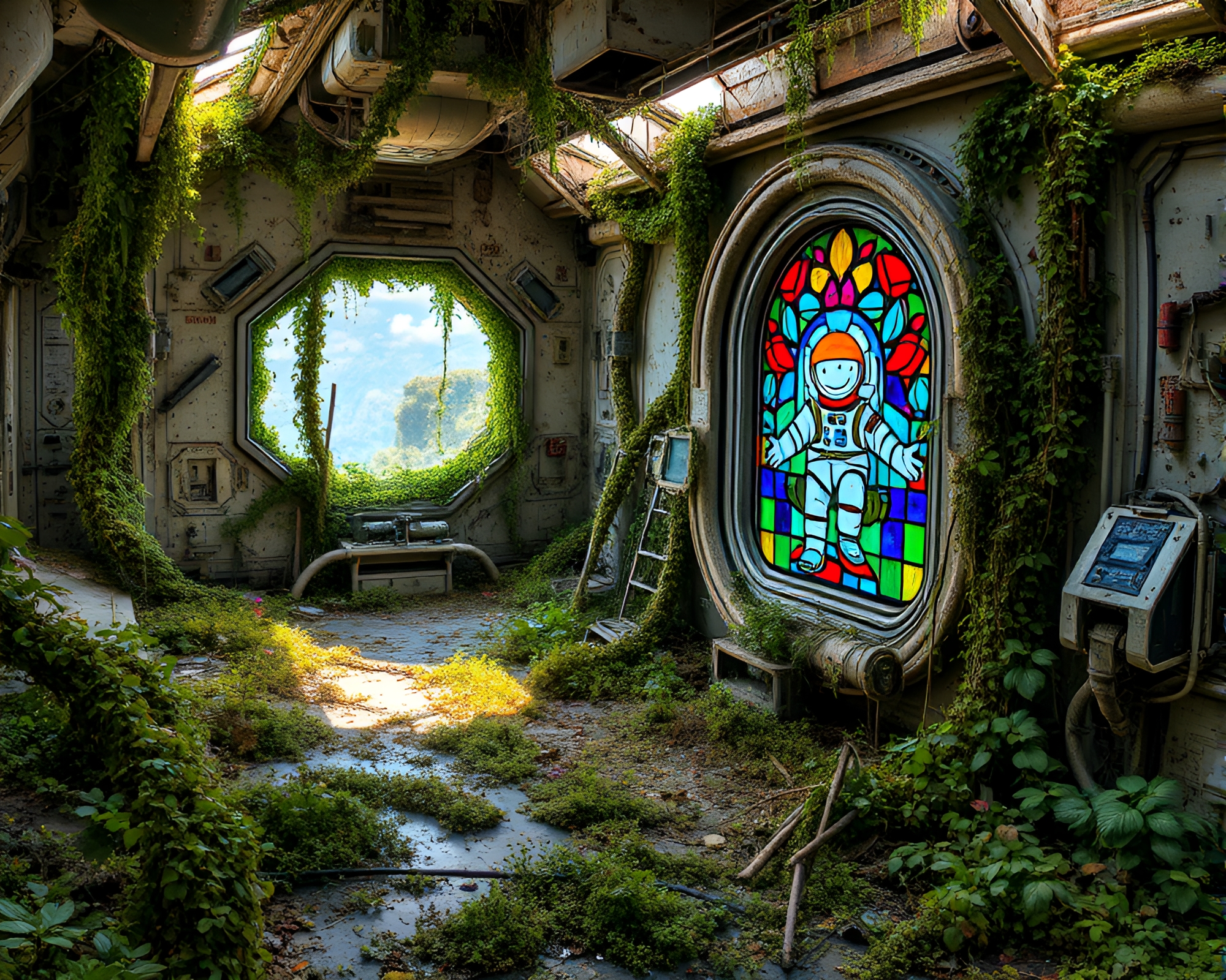 Abandoned Space Station With Jubilant Astronaut Stained Glass – free AI stock image