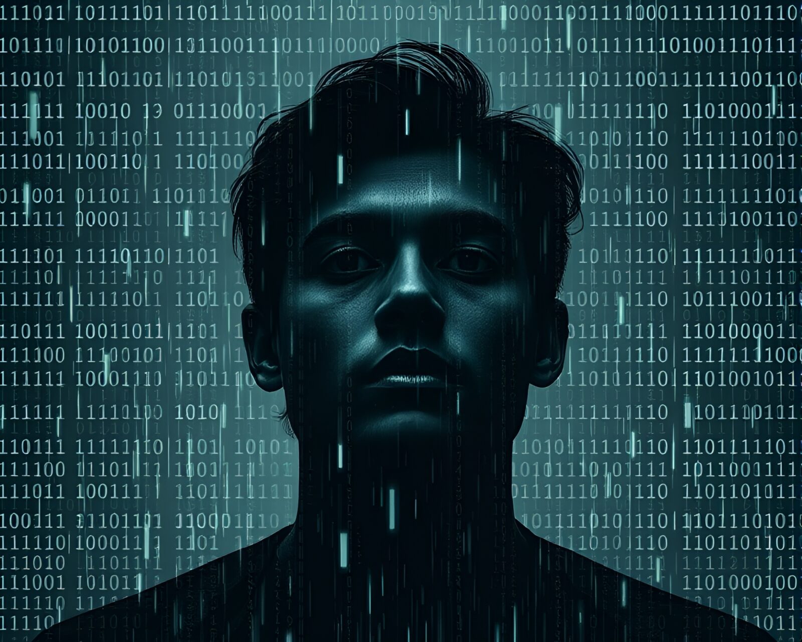 Person surrounded by binary code rain, introspective atmosphere