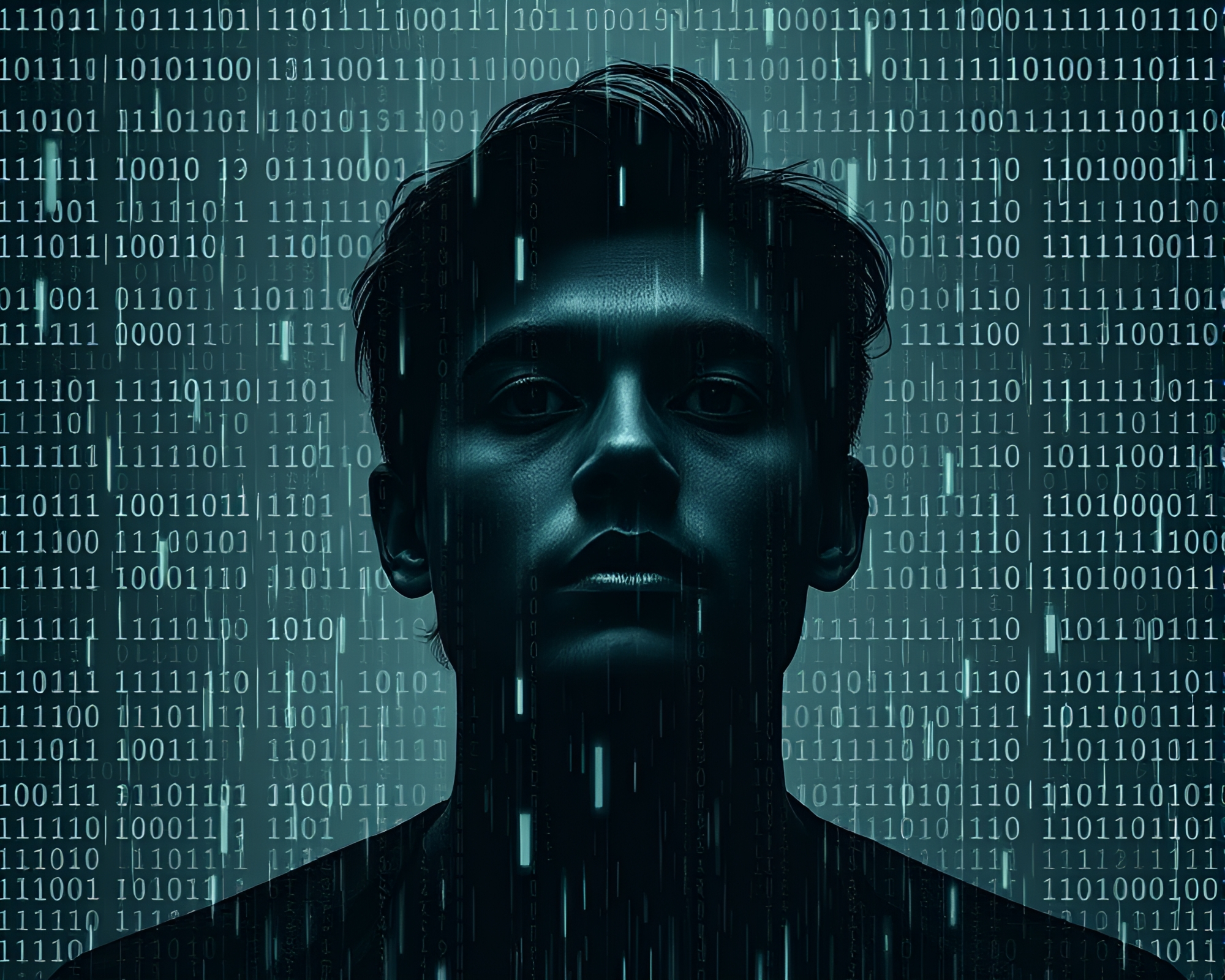 Solitude amidst Binary Rain: Glitch Art Contemplation – free AI stock image