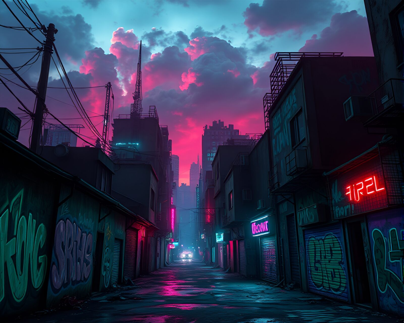 Glowing neon graffiti lights up alleyways in dystopian cityscape