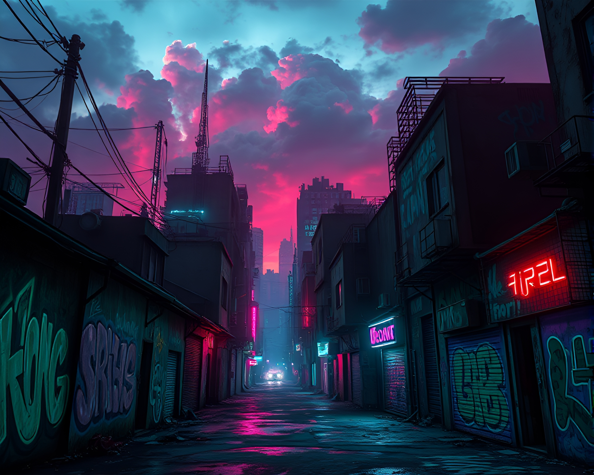 Bioluminescent Neon Graffiti Brightens Dark Post-Apocalyptic City – free AI stock image