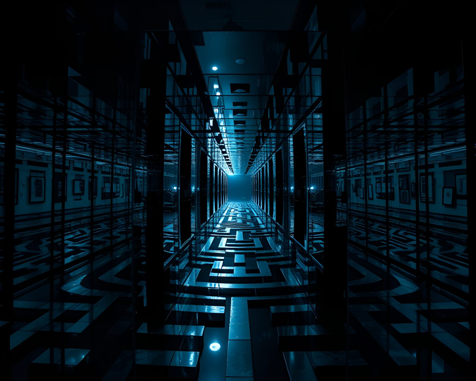 Eerie and captivating art piece with mirror labyrinth in noir setting