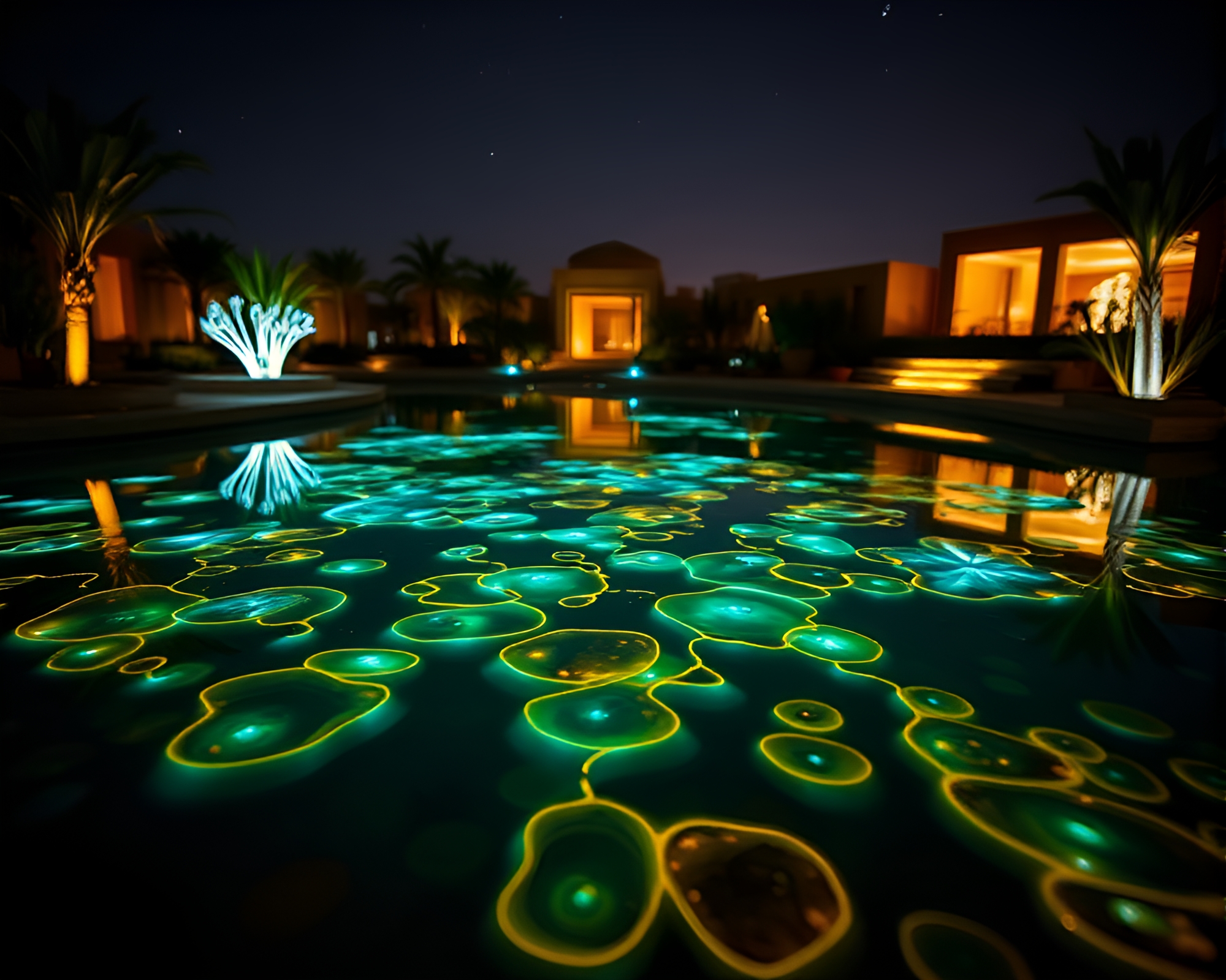 Bioluminescent Organisms Create Abstract Art in Oasis Pool – free AI stock image