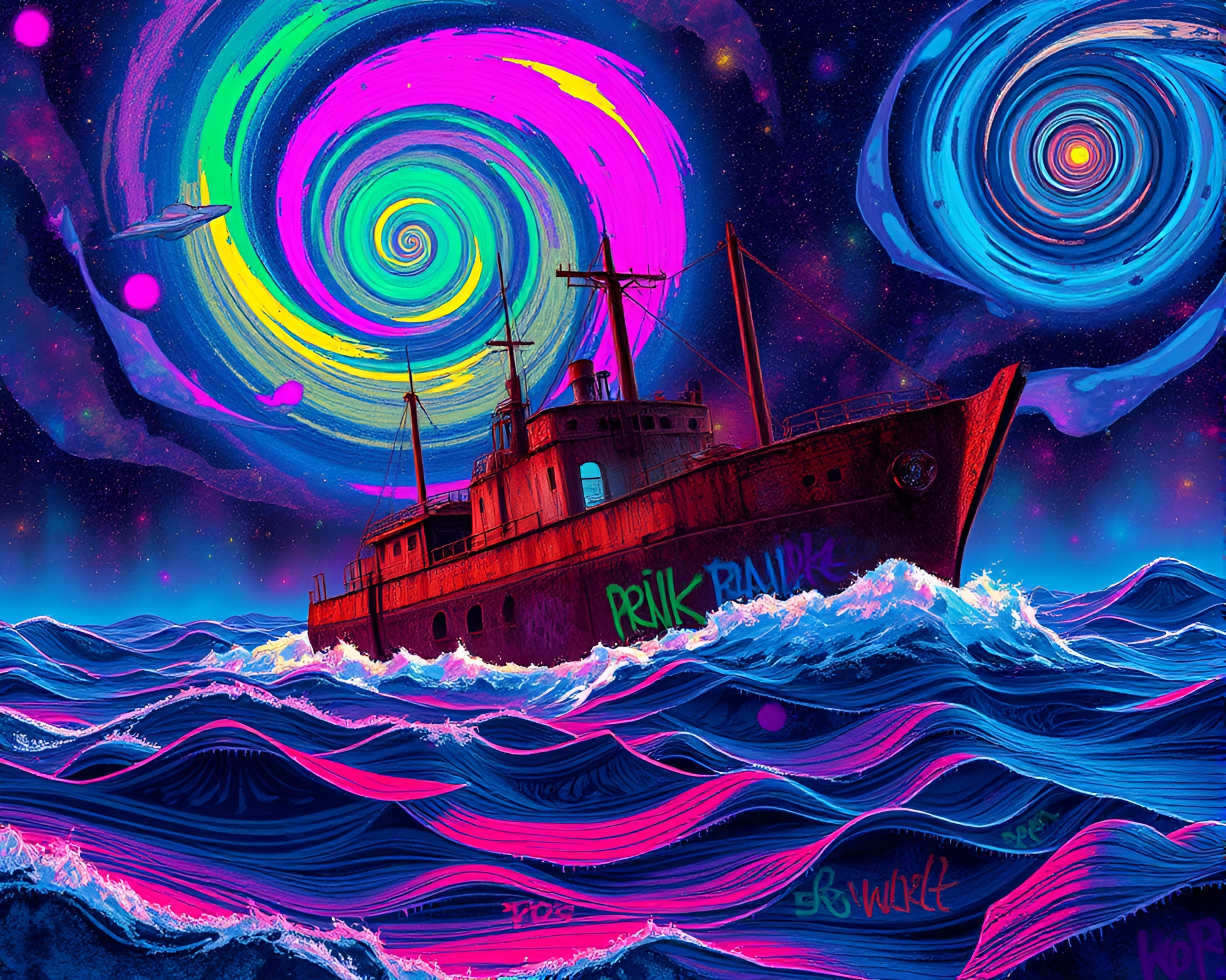Rusted ship sails through neon-lit cosmic ocean – free AI stock image