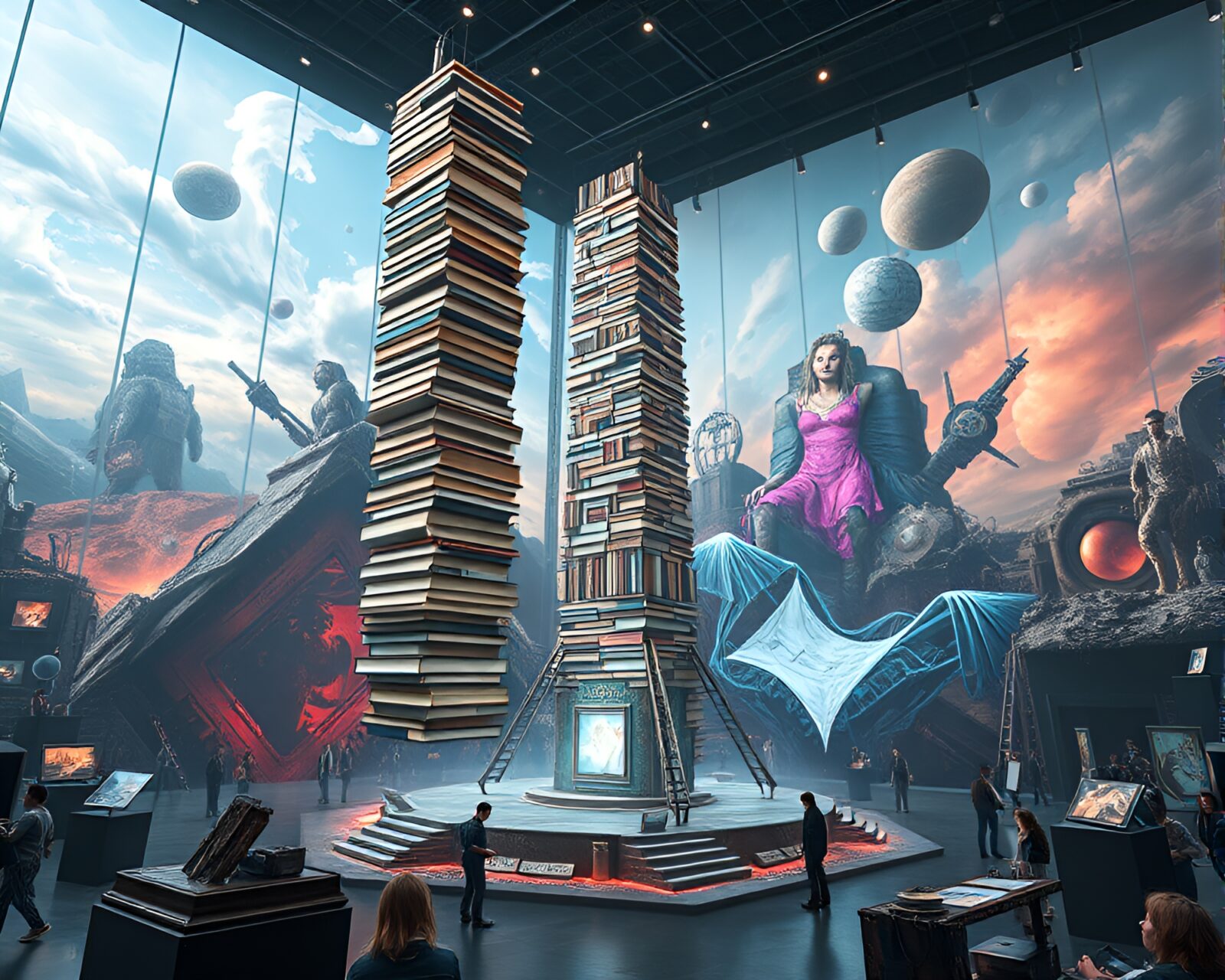 Tall structure of suspended books amidst surreal artwork