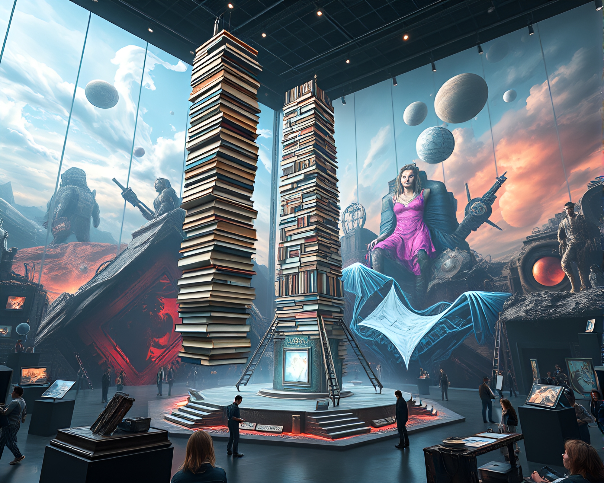 Surreal post-apocalyptic tower of books art exhibit – free AI stock image