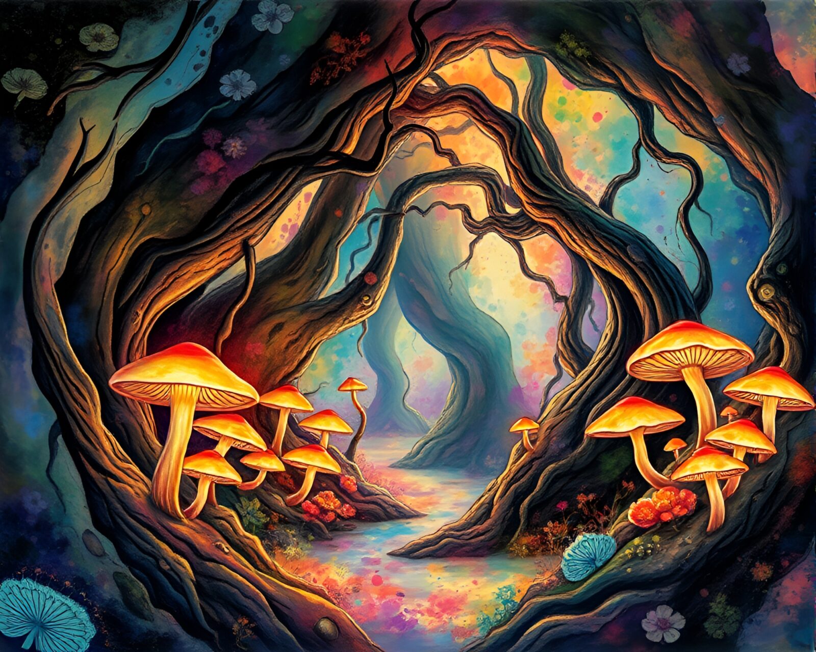 Vivid watercolor painting of glowing mushrooms in underground forest