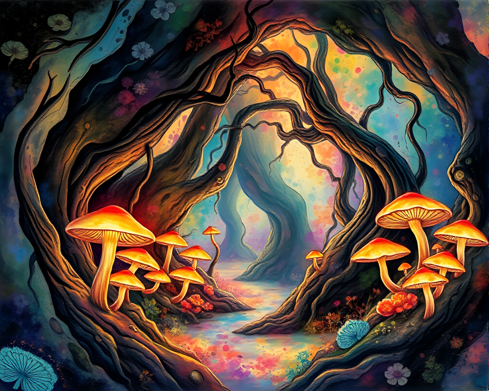 Enchanting Bioluminescent Fungus Forest Watercolor Illustration – free AI stock image