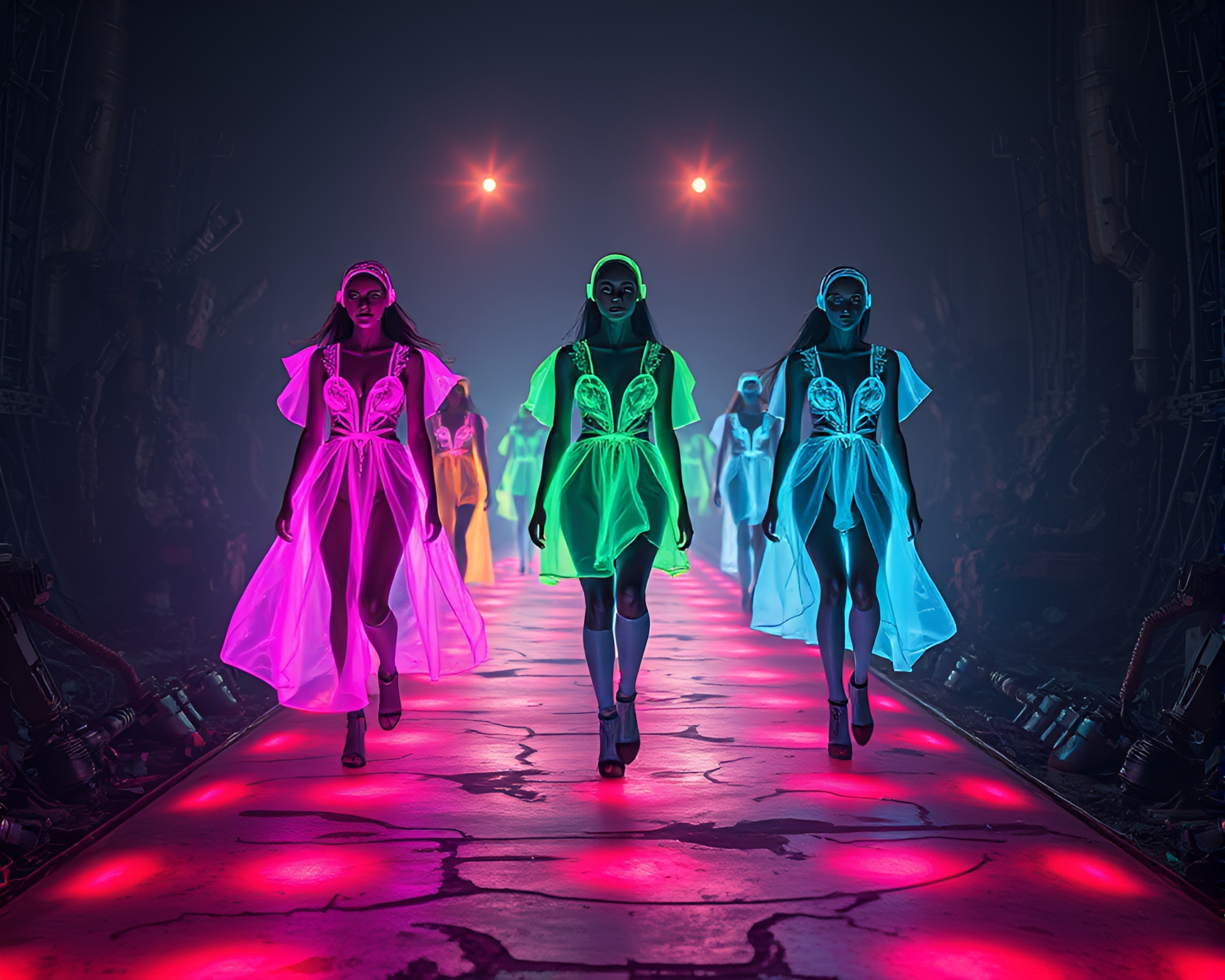 Bioluminescent Fashion Show in Robot Junkyard Ruins – free AI stock image