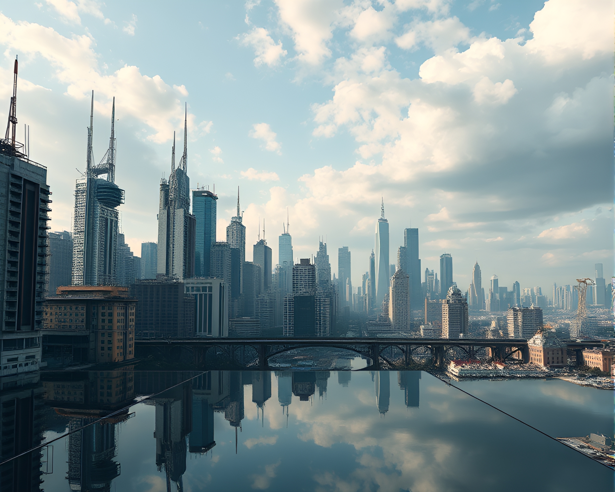 Futuristic Dystopian Cityscape Reflecting off Mirrored Horizon – free AI stock image