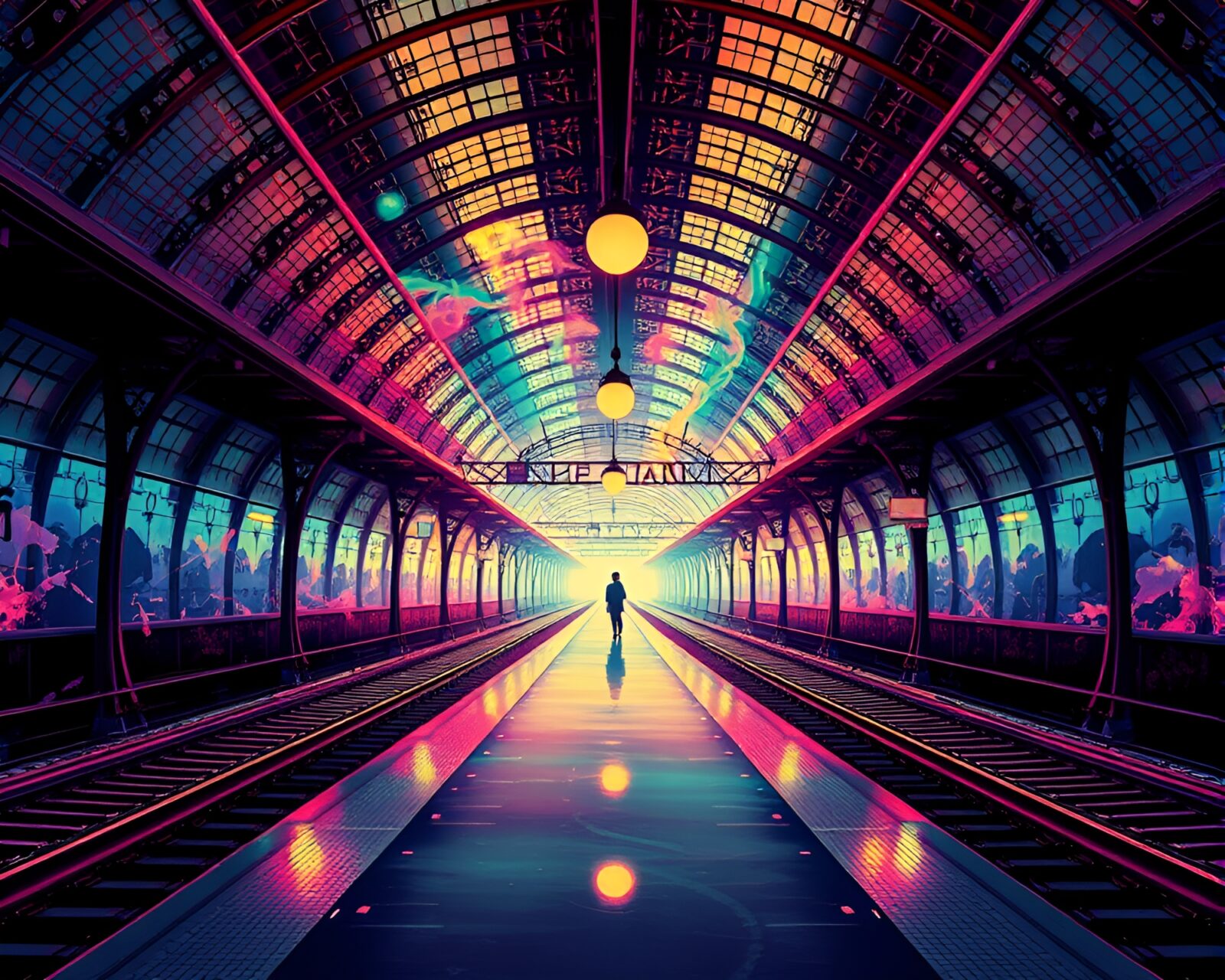 Surreal phantom train station in vibrant Pop Art colors