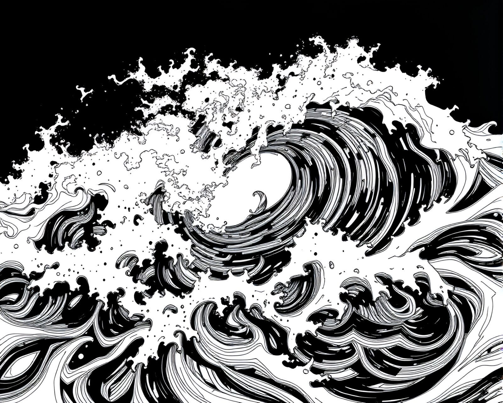 Detailed monochrome galvanizing line art of swirling ink ocean