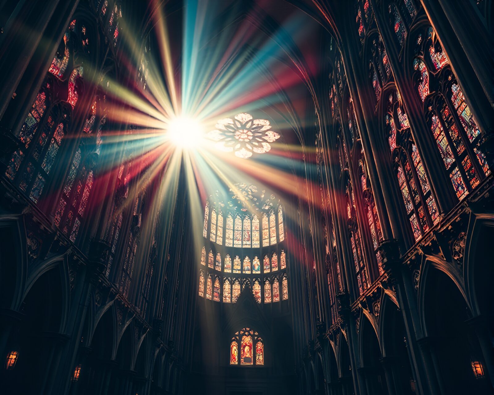 Intricate stained glass windows and ornate architecture in cathedral