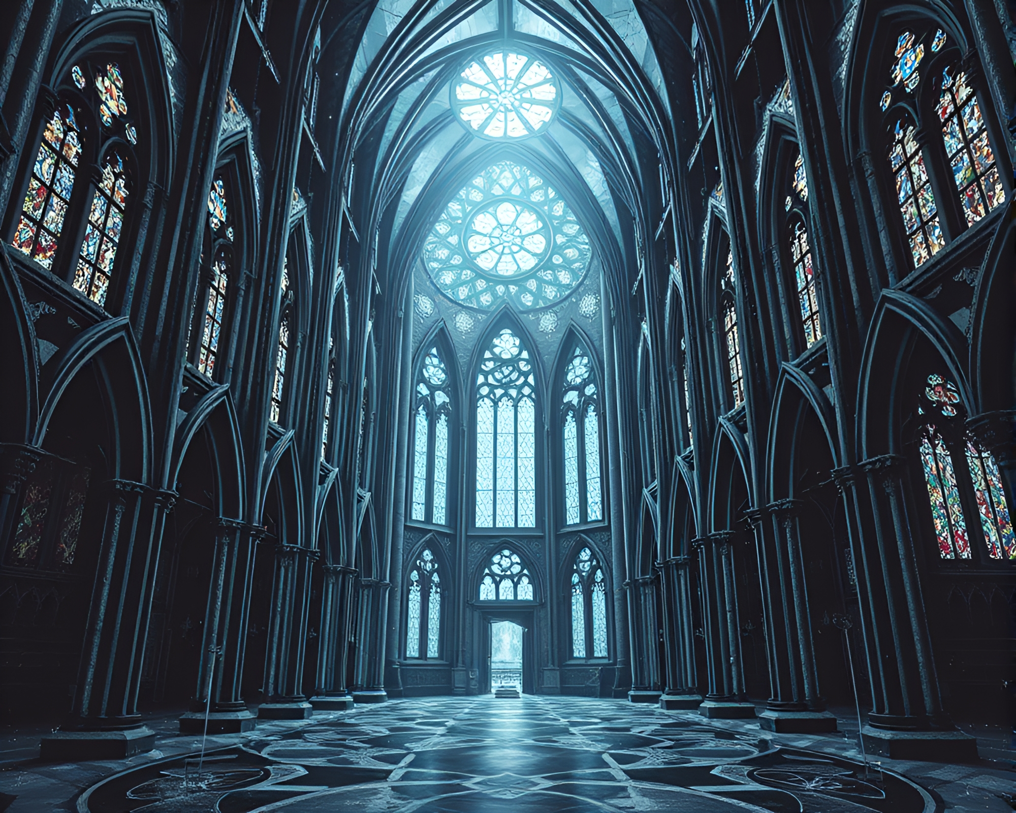 Surreal Gothic Cathedral Interior with Cosmic Line Drawings – free AI stock image