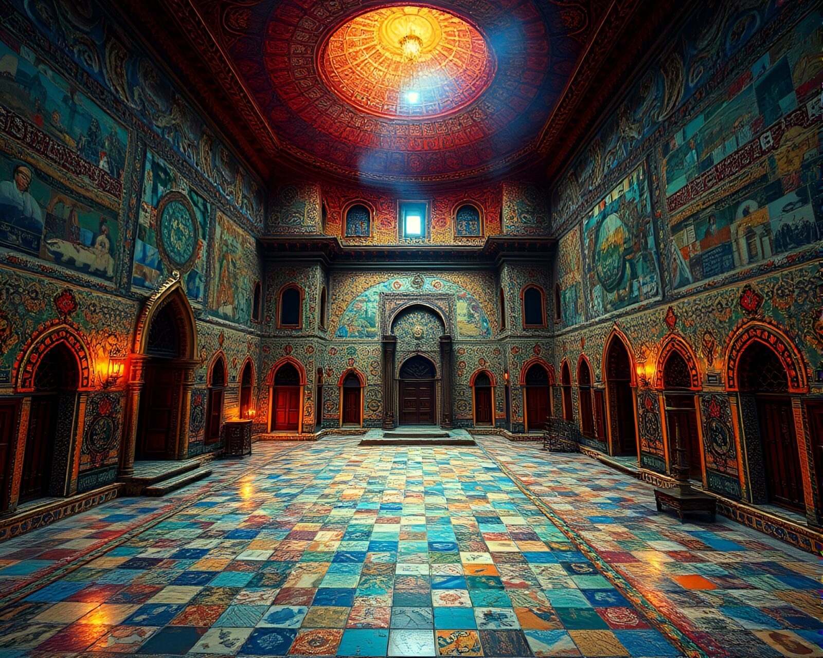Detailed mosaic tile work of memory palace in vibrant colors