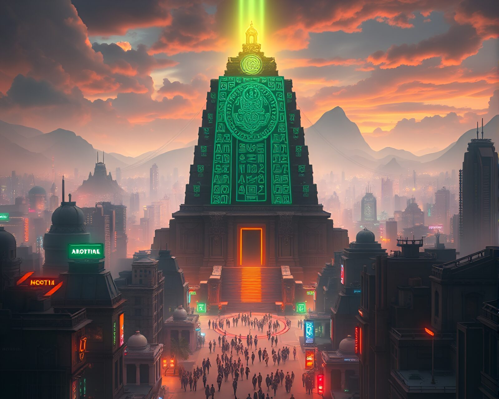Bustling city with glowing glyphs-covered ancient temple