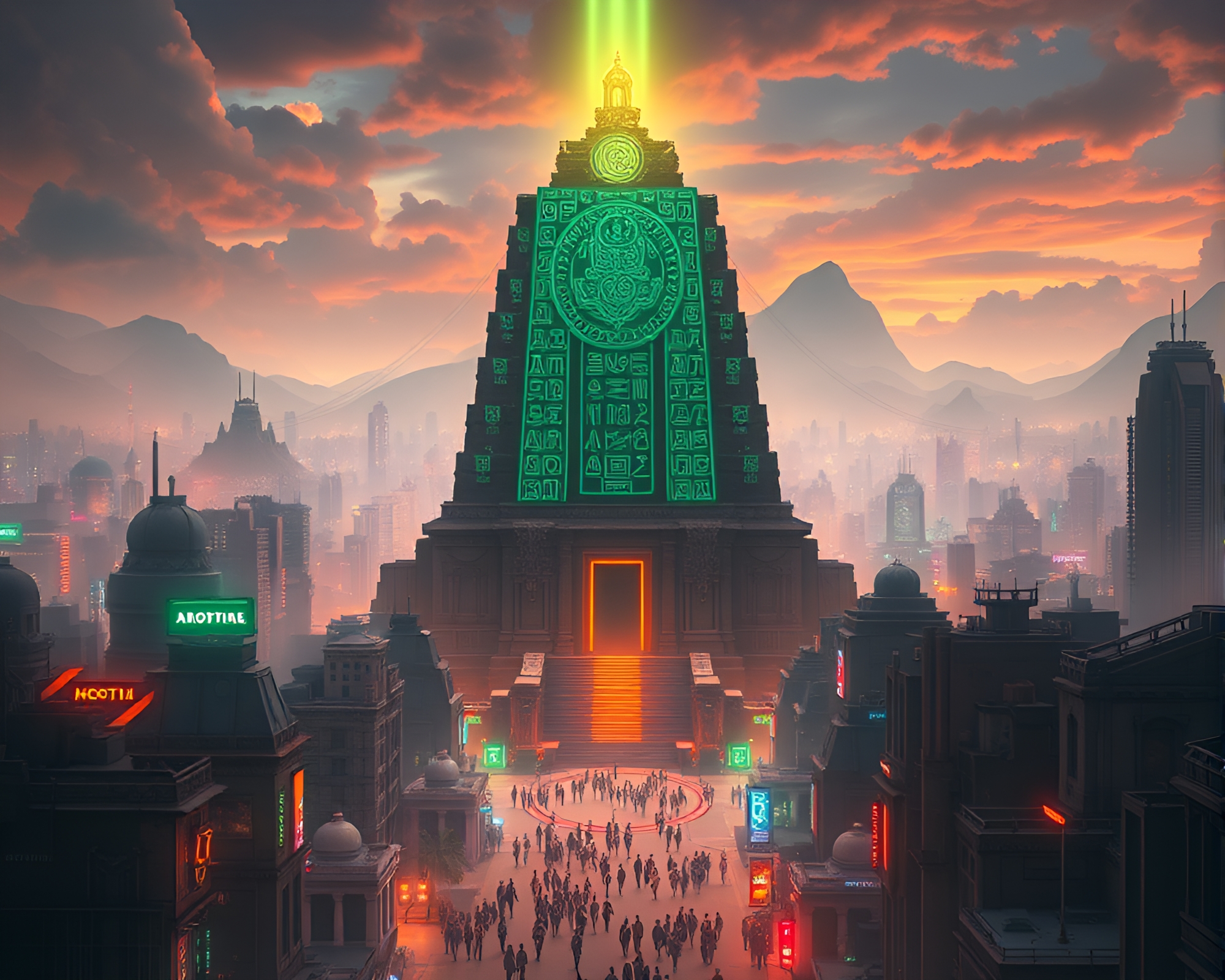 Futuristic Video Game Concept Inspired by Glowing Ancient Temple – free AI stock image