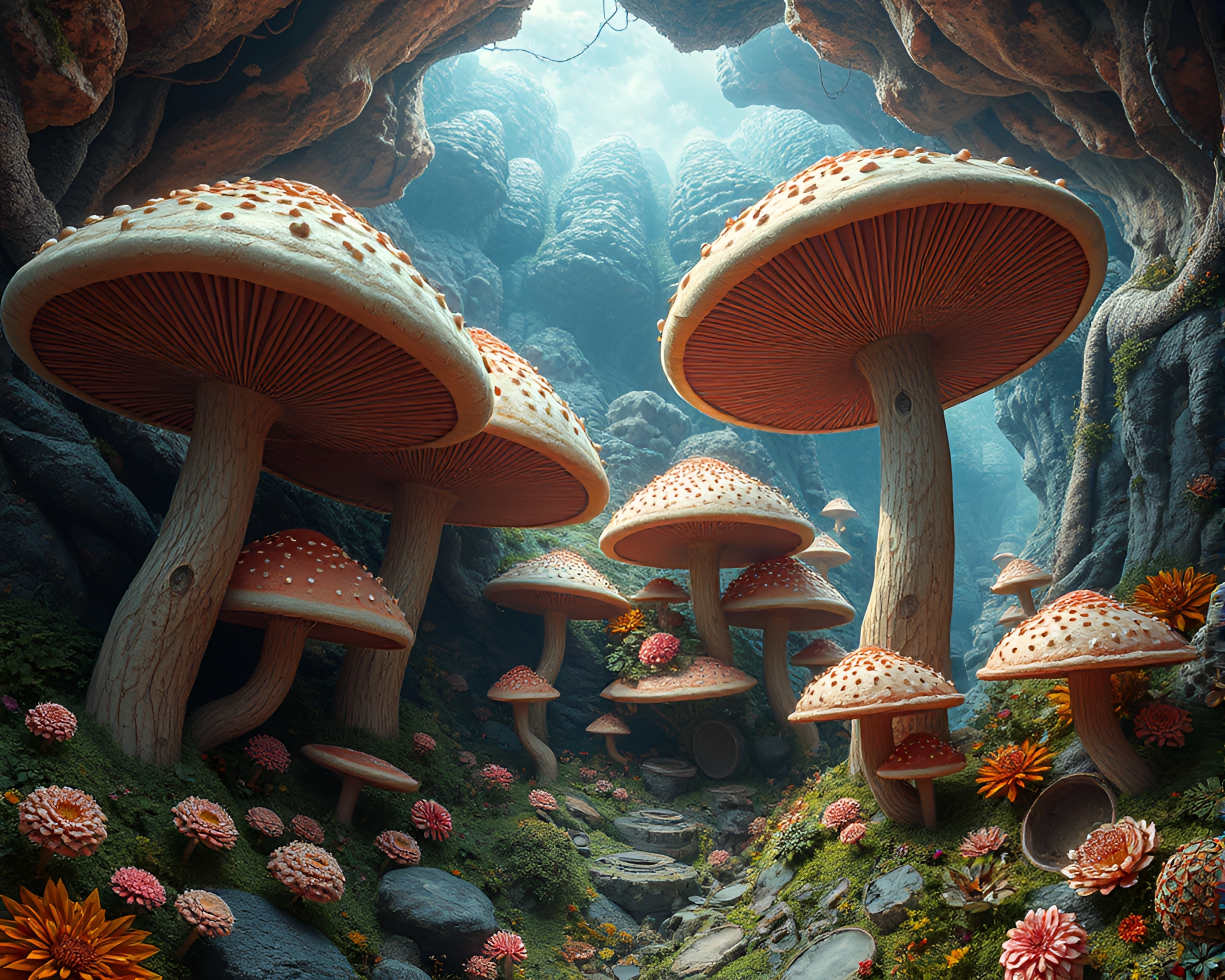 Enchanting Forest of Giant Embroidered Mushrooms – free AI stock image