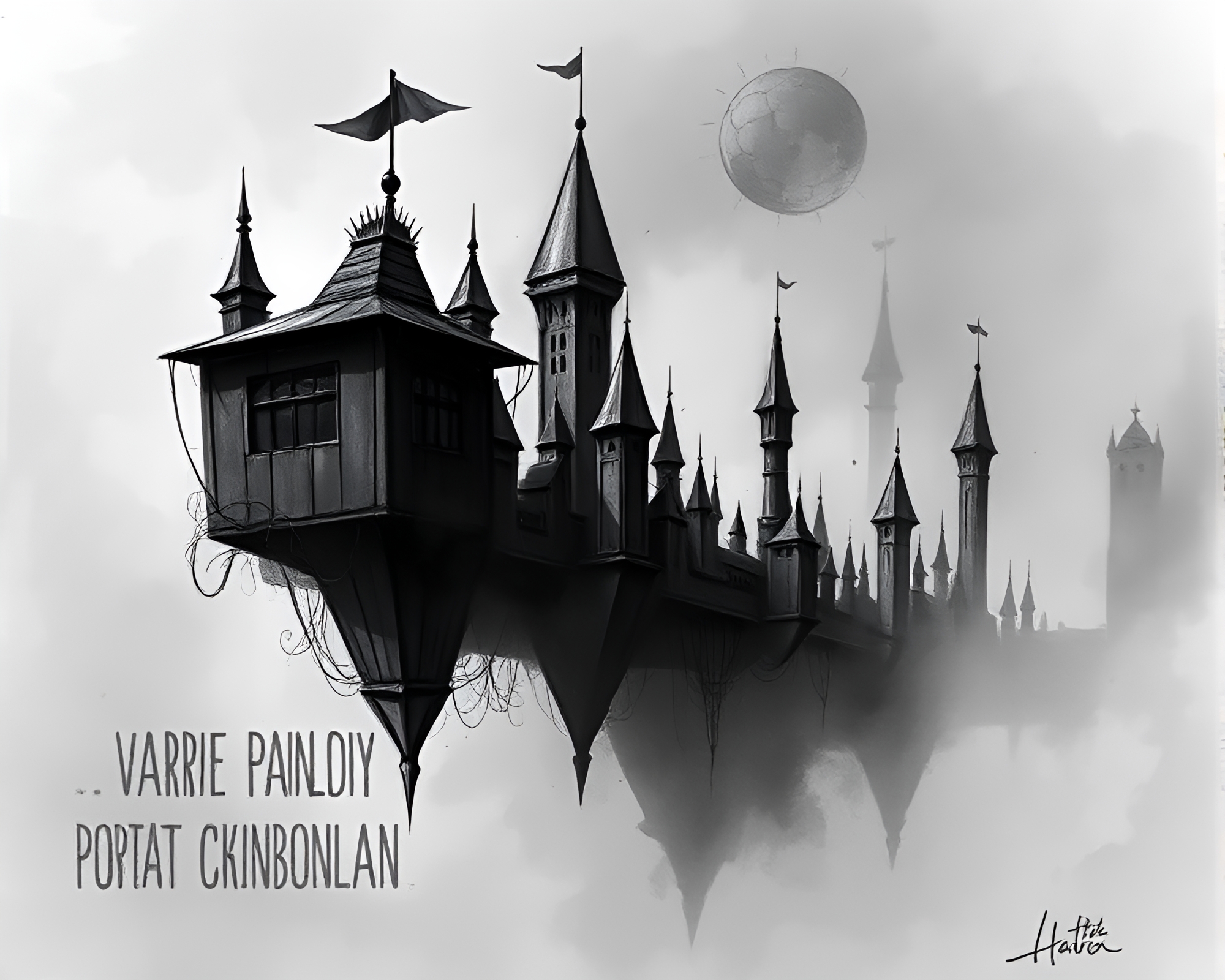 Eerie Floating Origami City Charcoal Sketch Artwork – free AI stock image