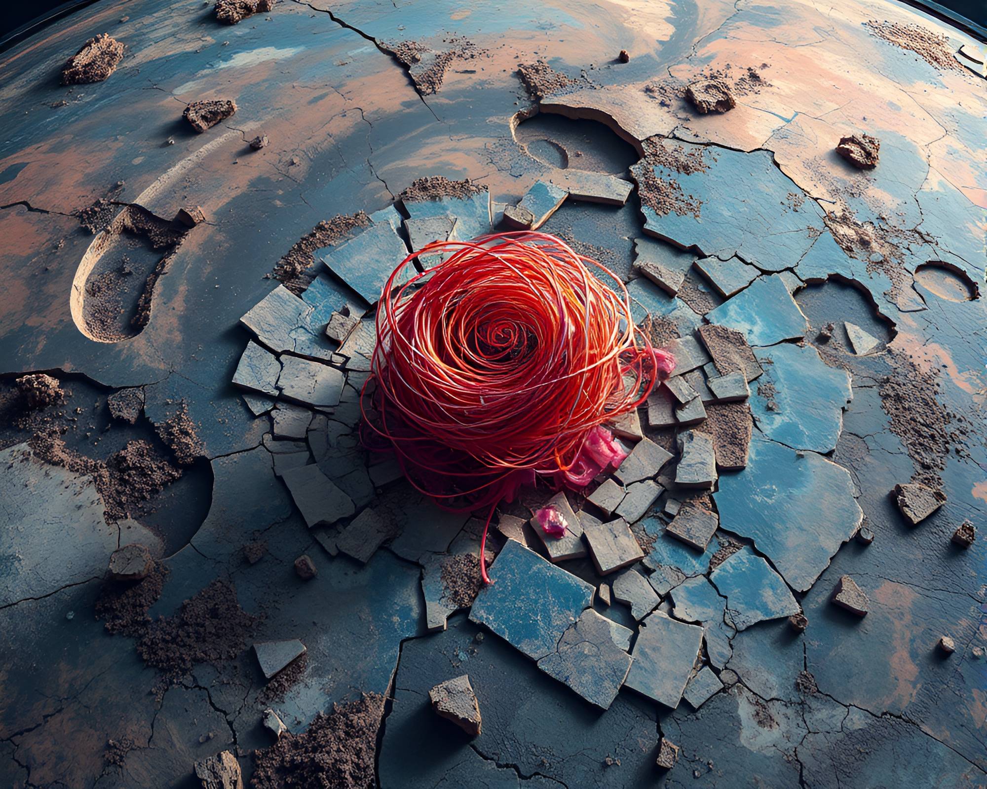 Intoxicated kinetic sculpture swirling around shattered planet surface – free AI stock image